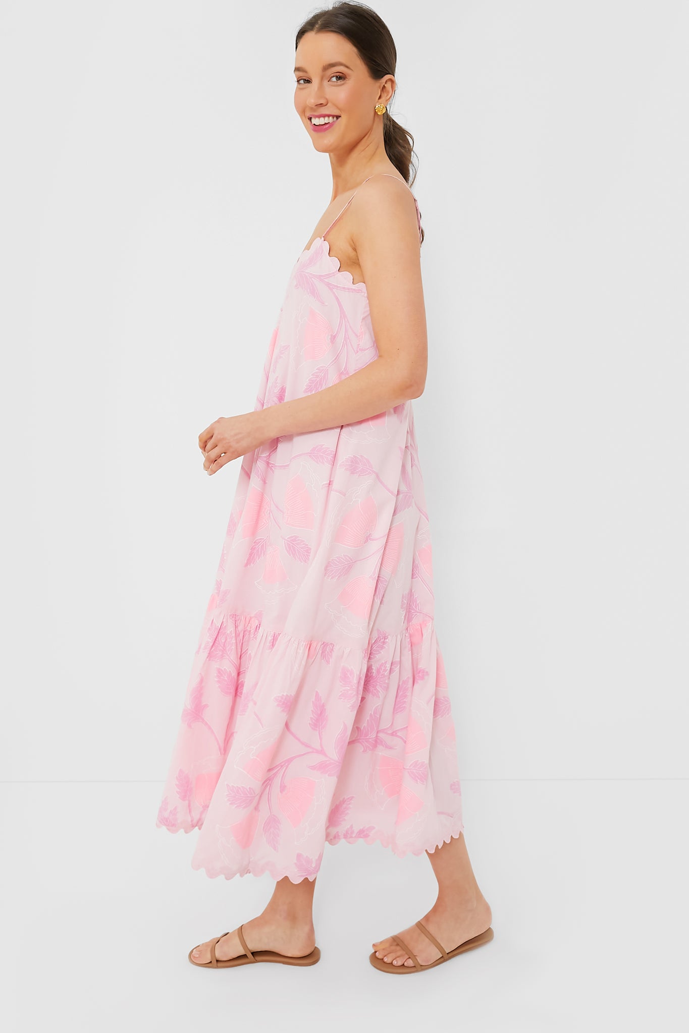 Pale Pink V-Neck Midi Dress with Bellflower Block Print-Beilave