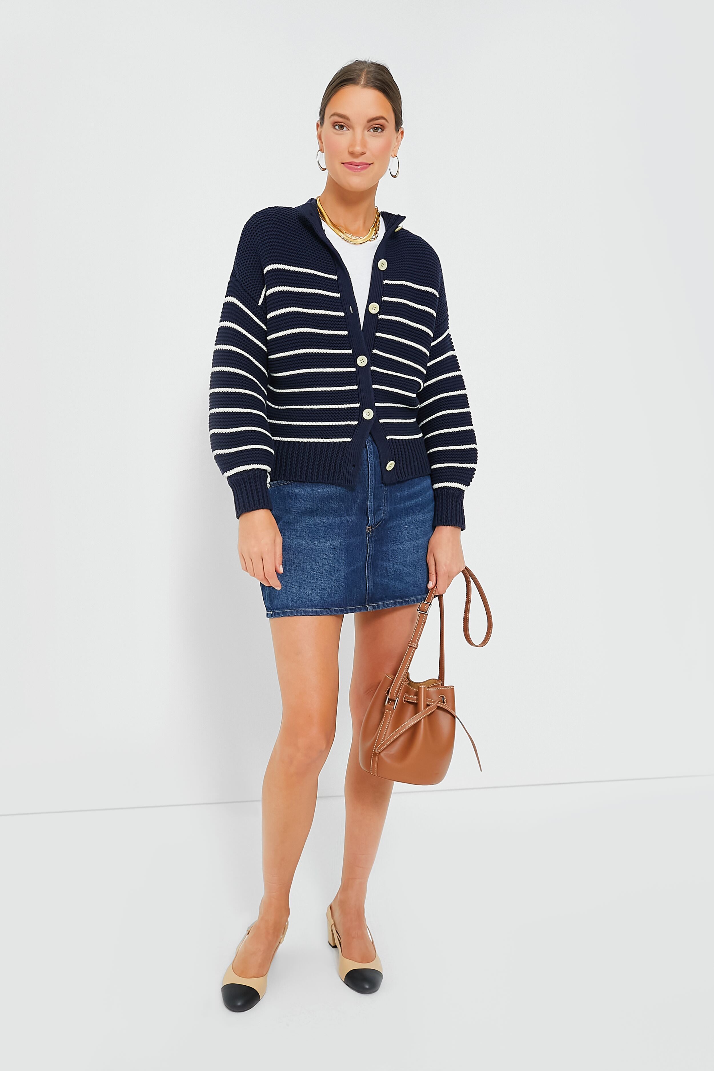 Dark Navy and Ivory Stripe Button Back Crewneck Sweater-Beilave