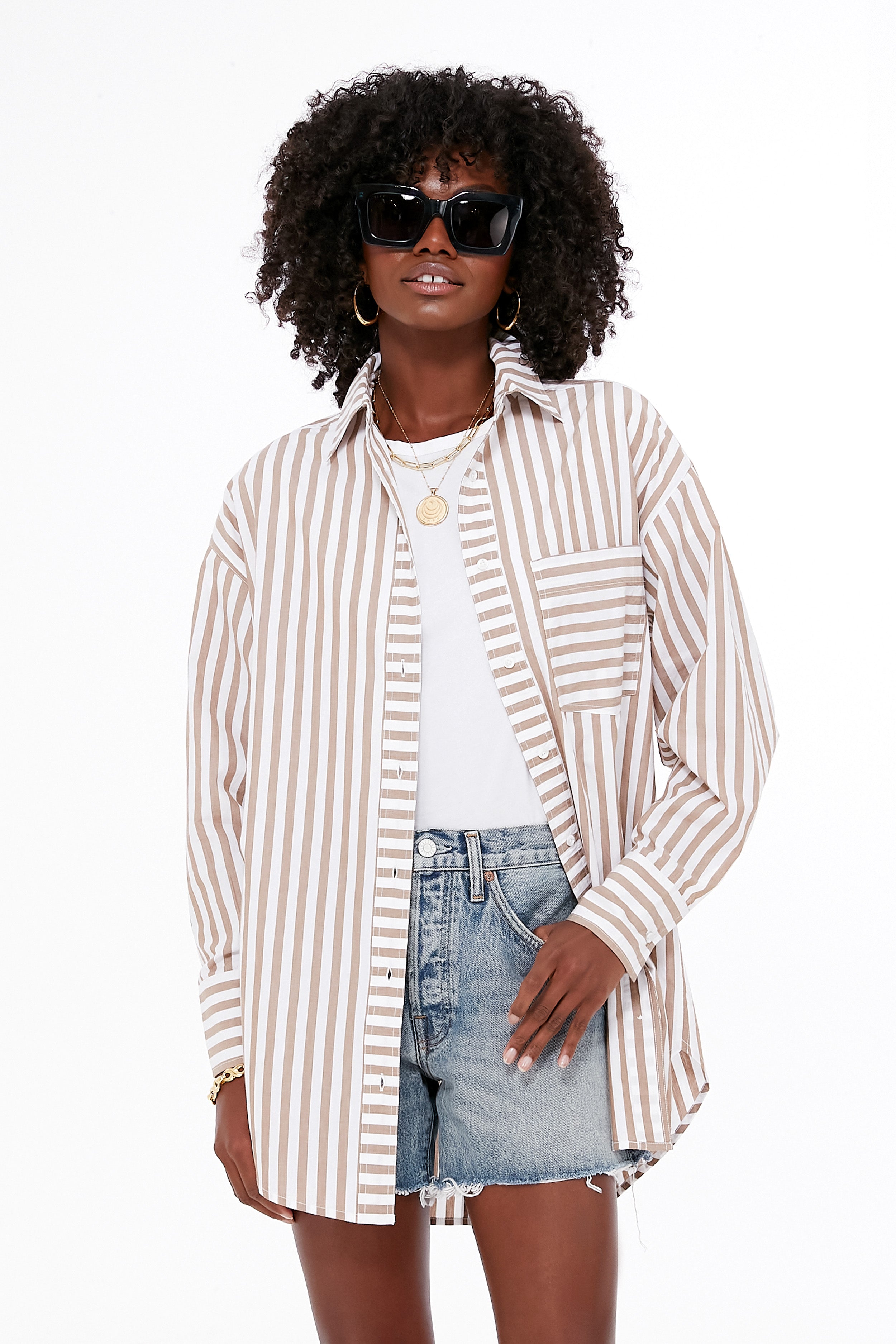 Tan Stripes Oversized Button Down-Beilave