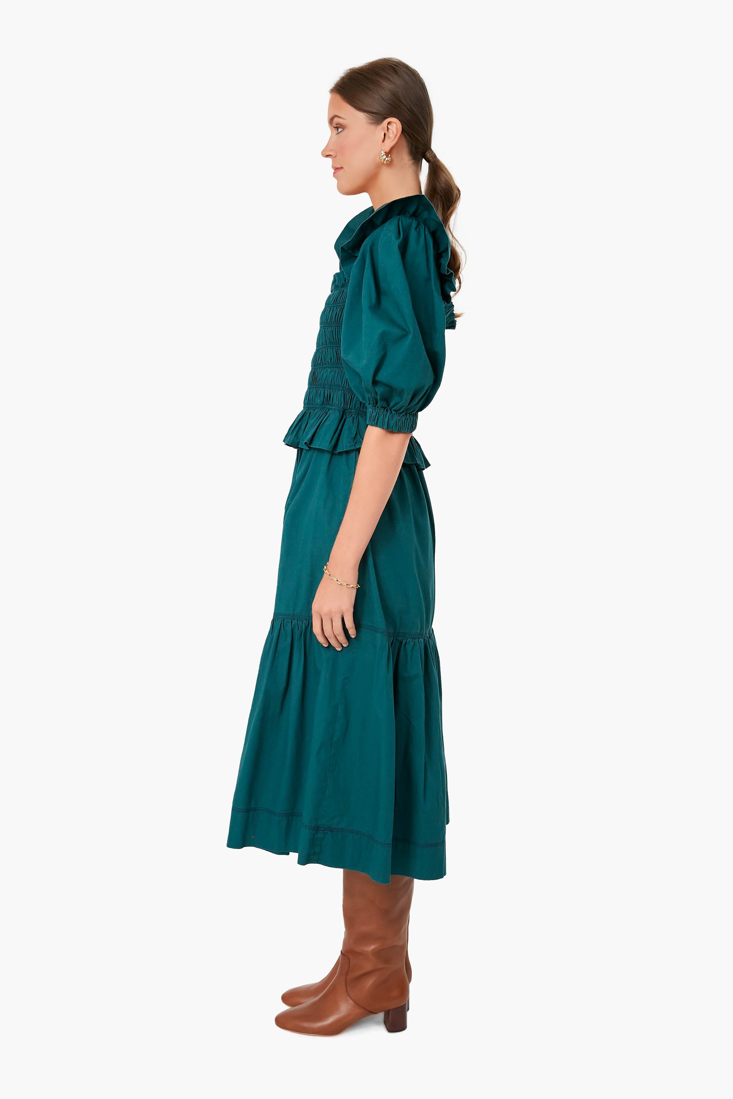 Forest Sybil Solid Cotton Puff Sleeve Smocked Dress-Beilave