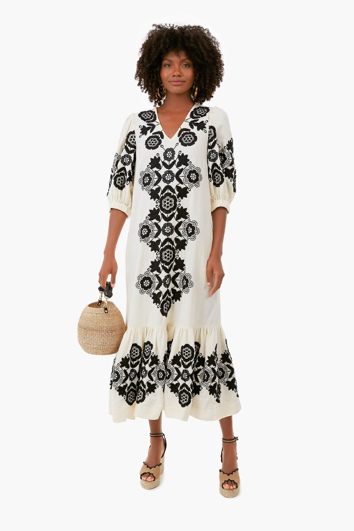 Cream Manuela Embroidered Puff Sleeve V-Neck Dress-Beilave