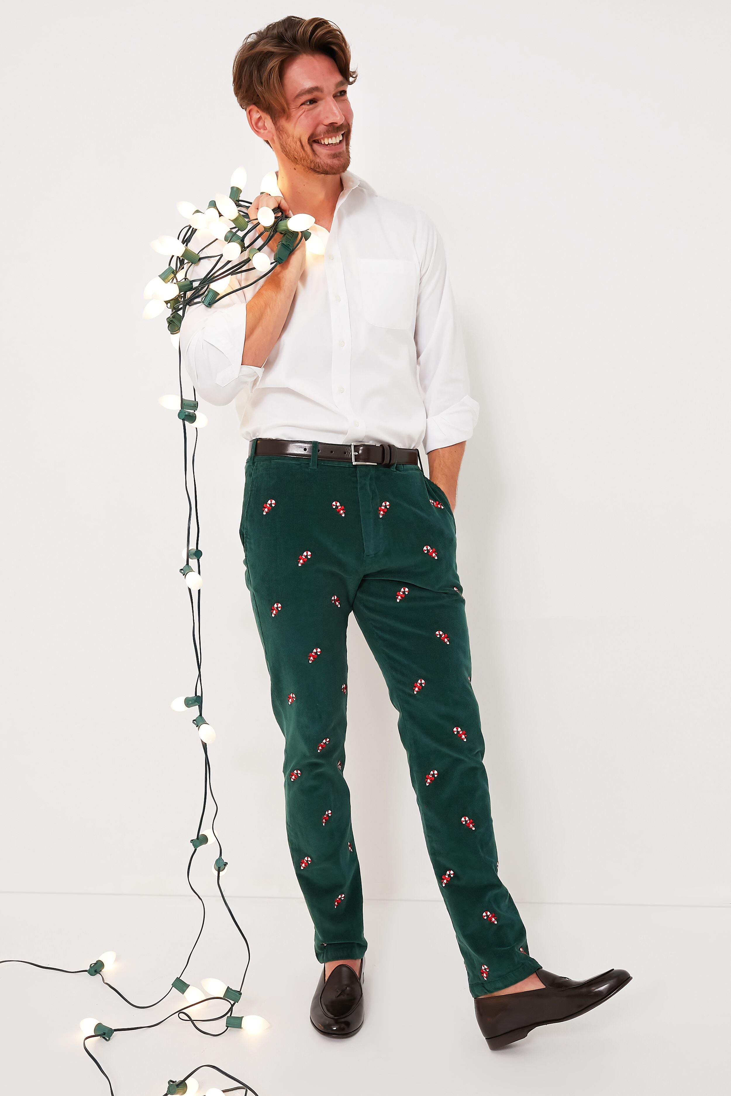 Hunter Green Candy Cane Embroidered Corduroy Pants (34" Inseam)-Beilave