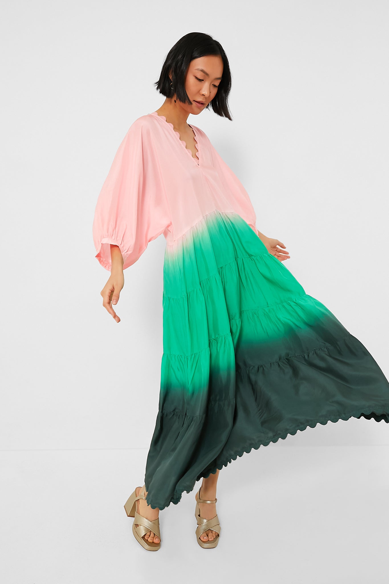 Peach and Emerald Bottle Green Ombre V-Neck Loose Maxi Dress with Ric Rac Trim-Beilave
