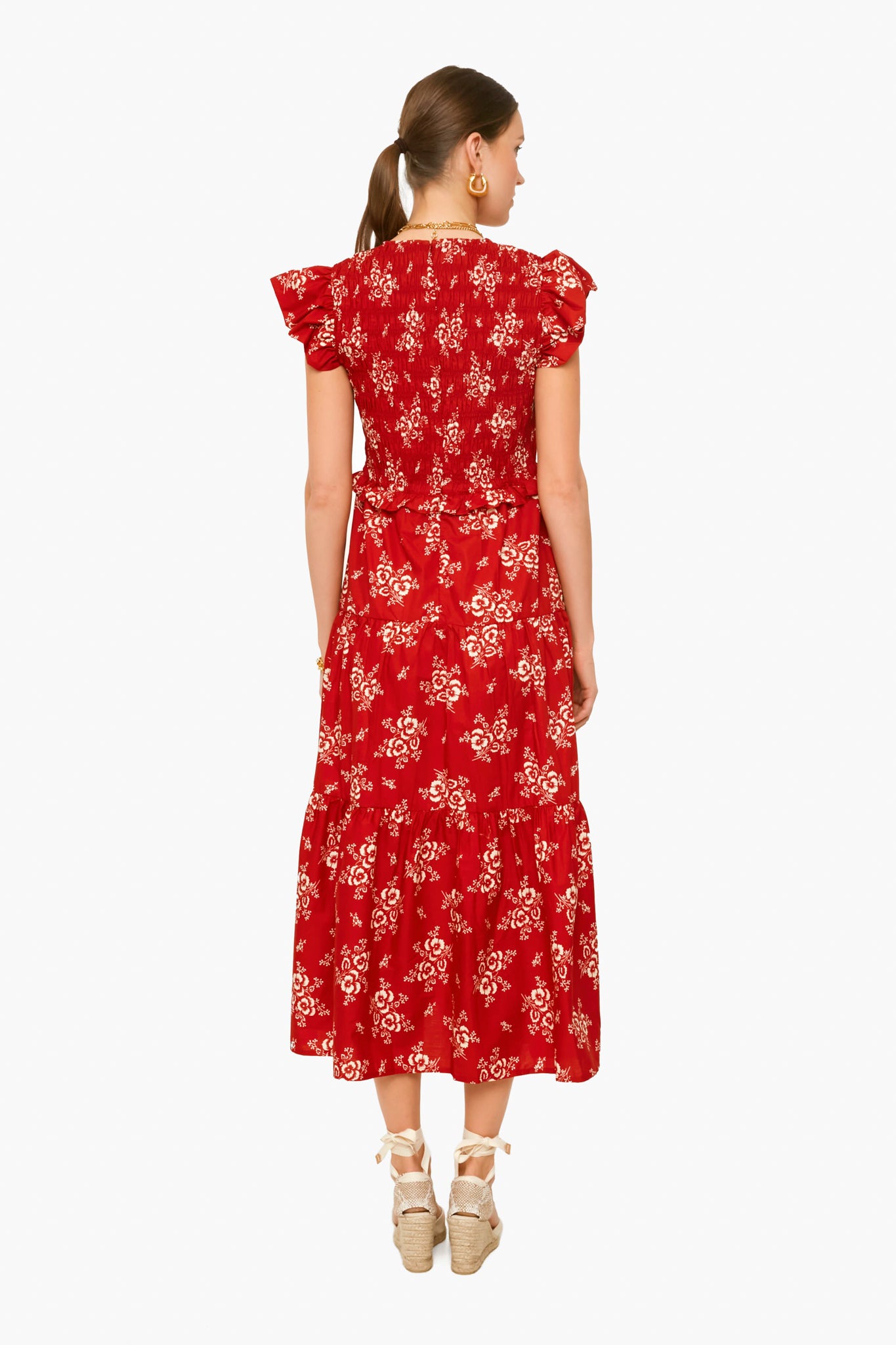 Exclusive Red Alessia Print Smocked Tiered Midi Dress-Beilave