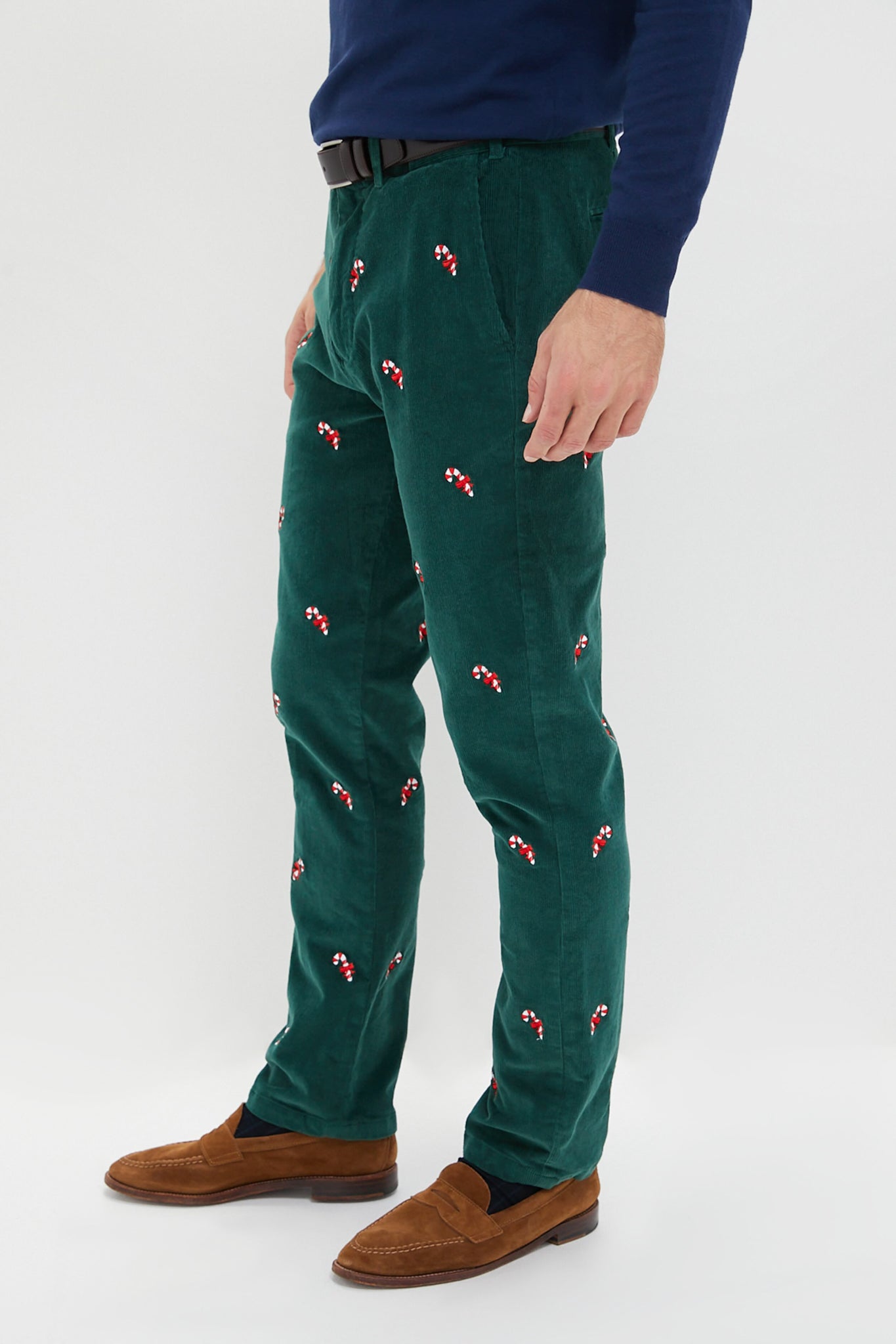 Hunter Green Candy Cane Embroidered Corduroy Pants (32" Inseam)-Beilave