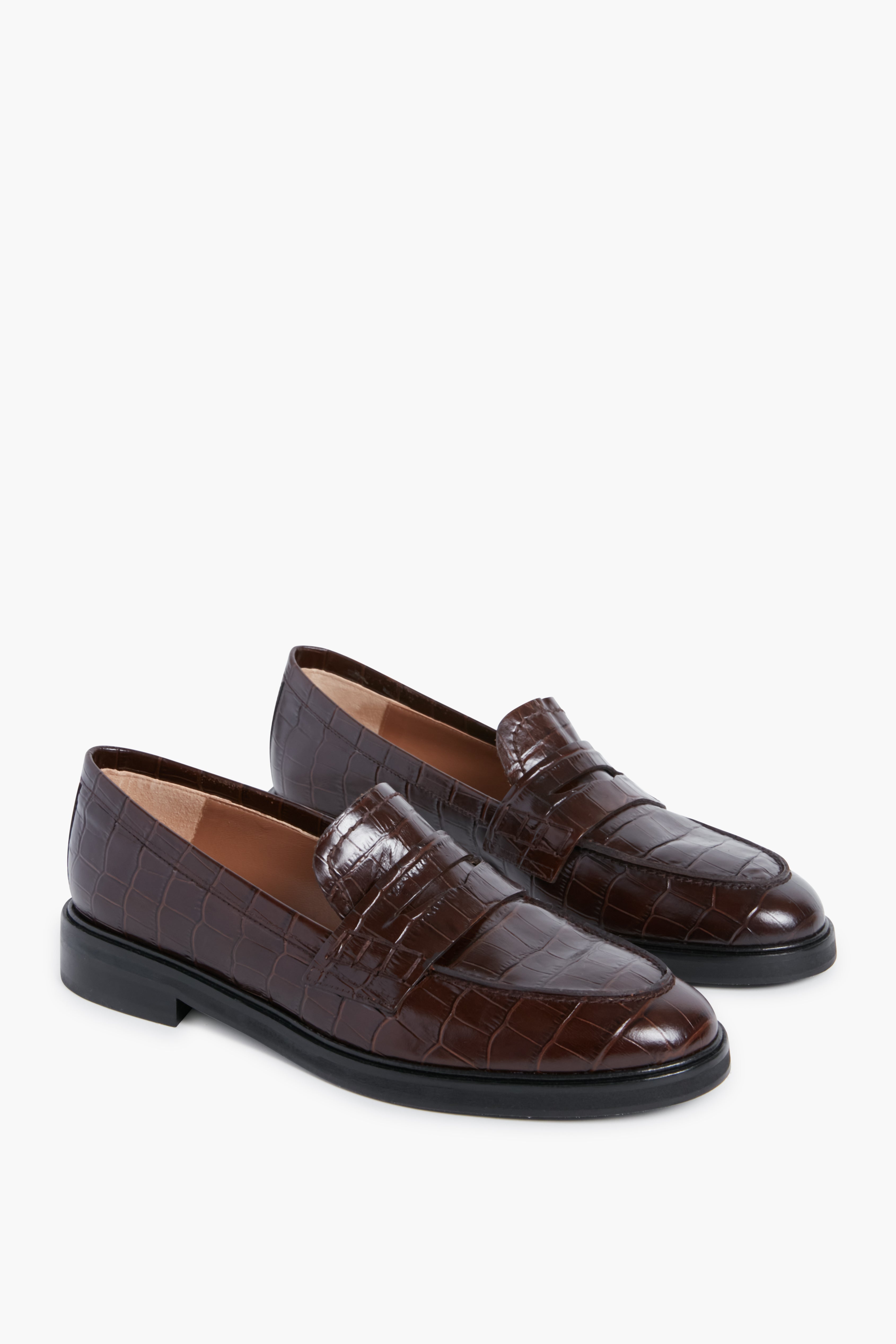 Brown Croc Leather Sara Loafers-Beilave