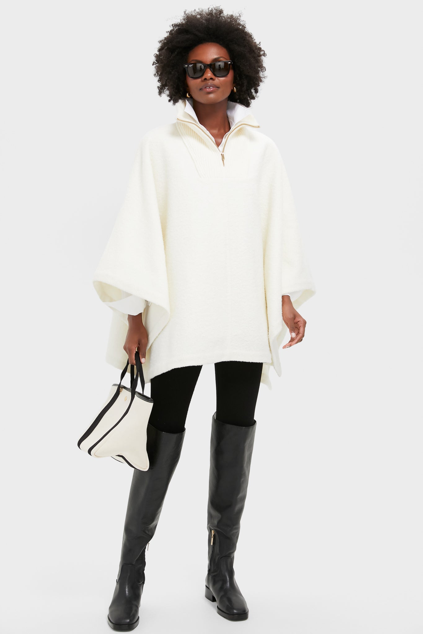 Winter White Boucle High-Neck Poncho-Beilave