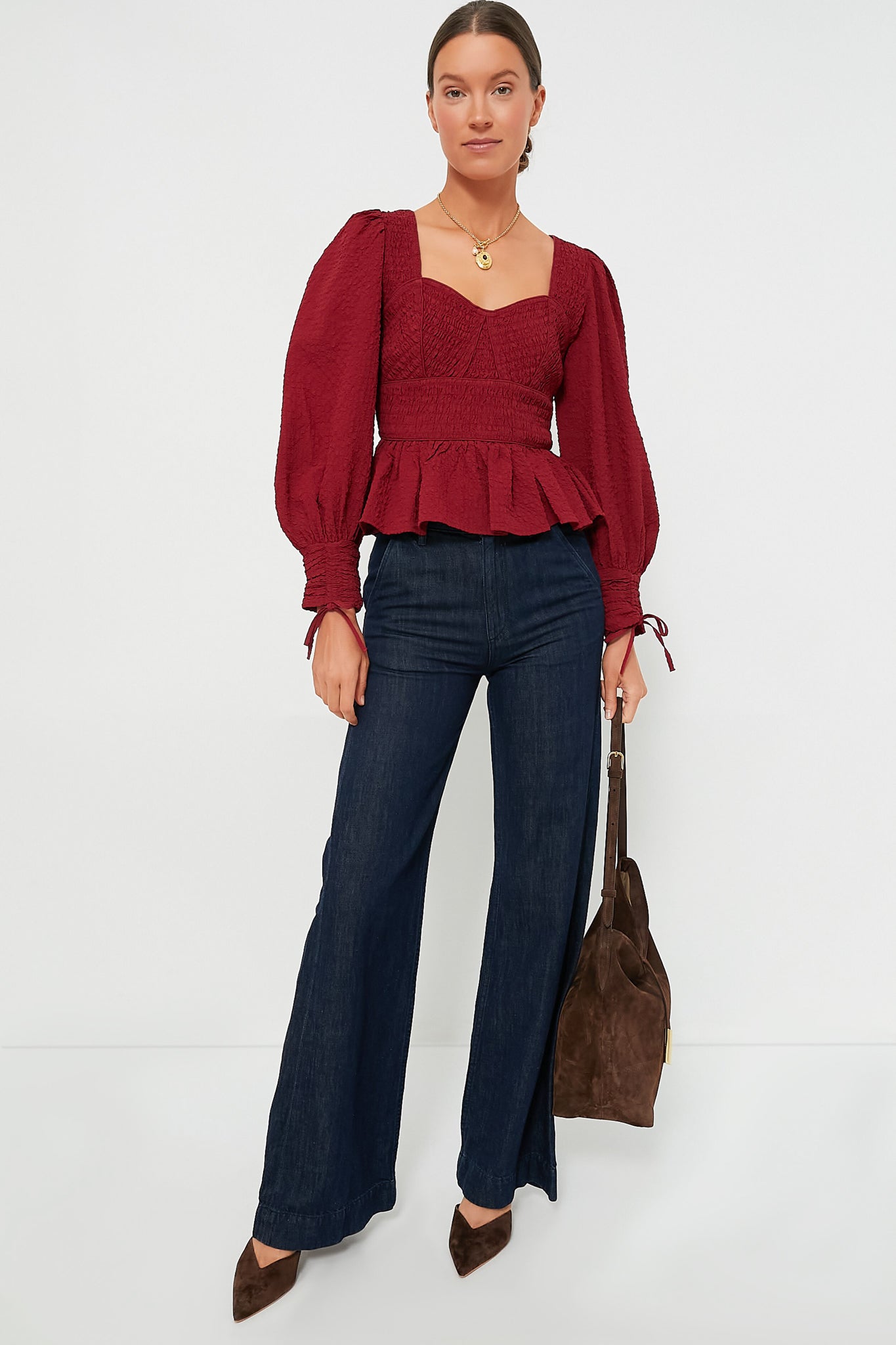 Red Regina Seersucker Longsleeve Top-Beilave