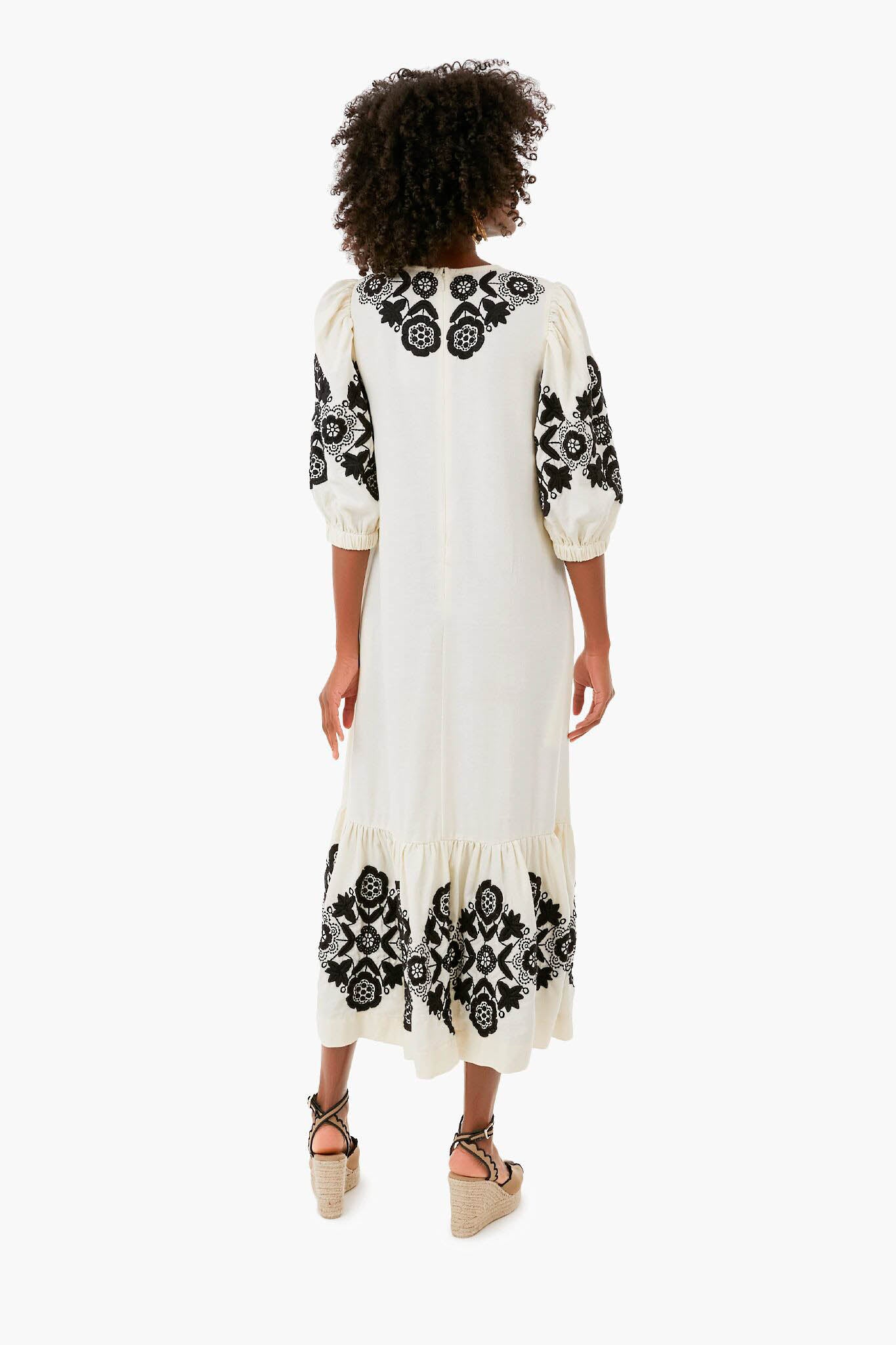 Cream Manuela Embroidered Puff Sleeve V-Neck Dress-Beilave