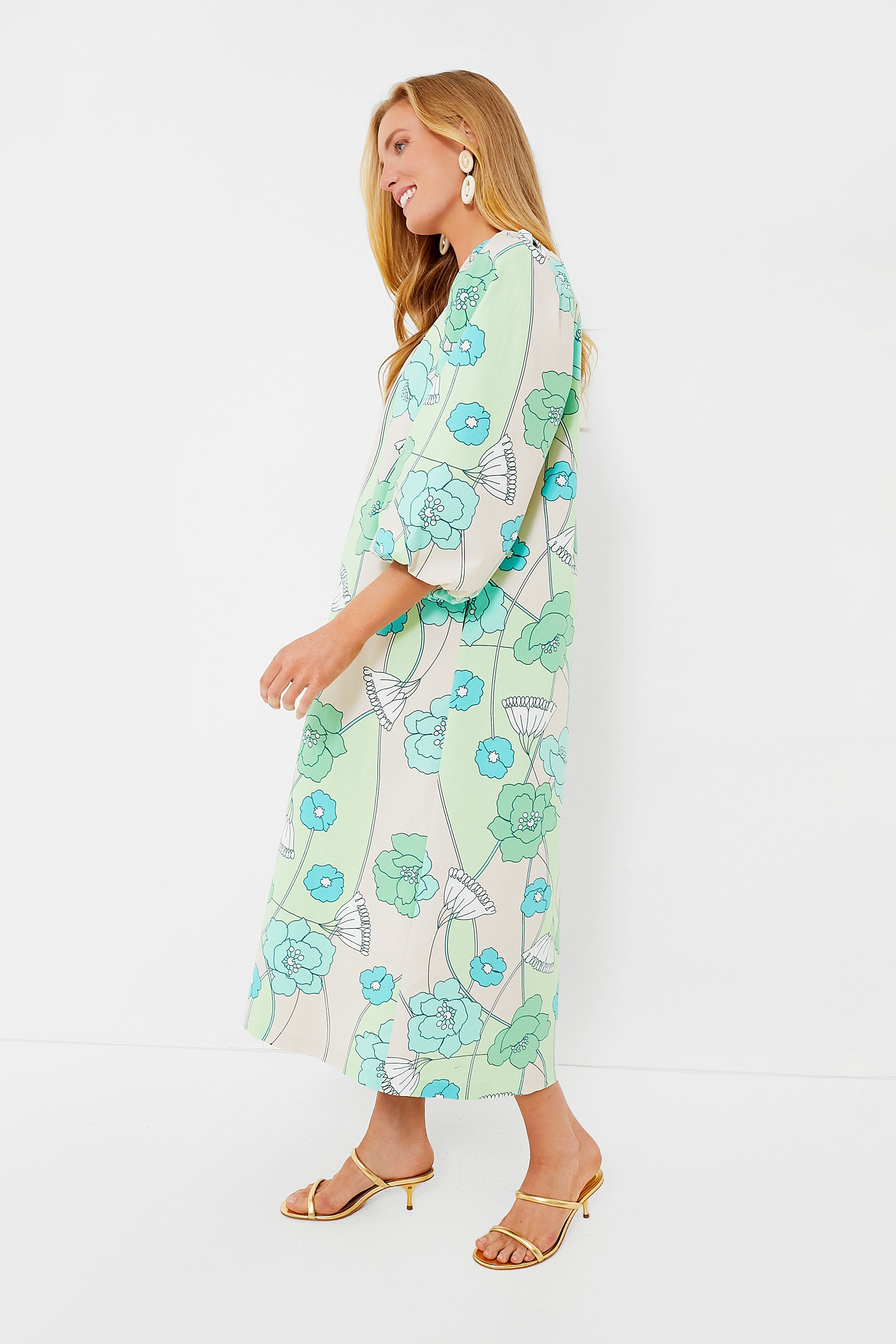Green and Blue Floral Dorinda Midi Dress-Beilave