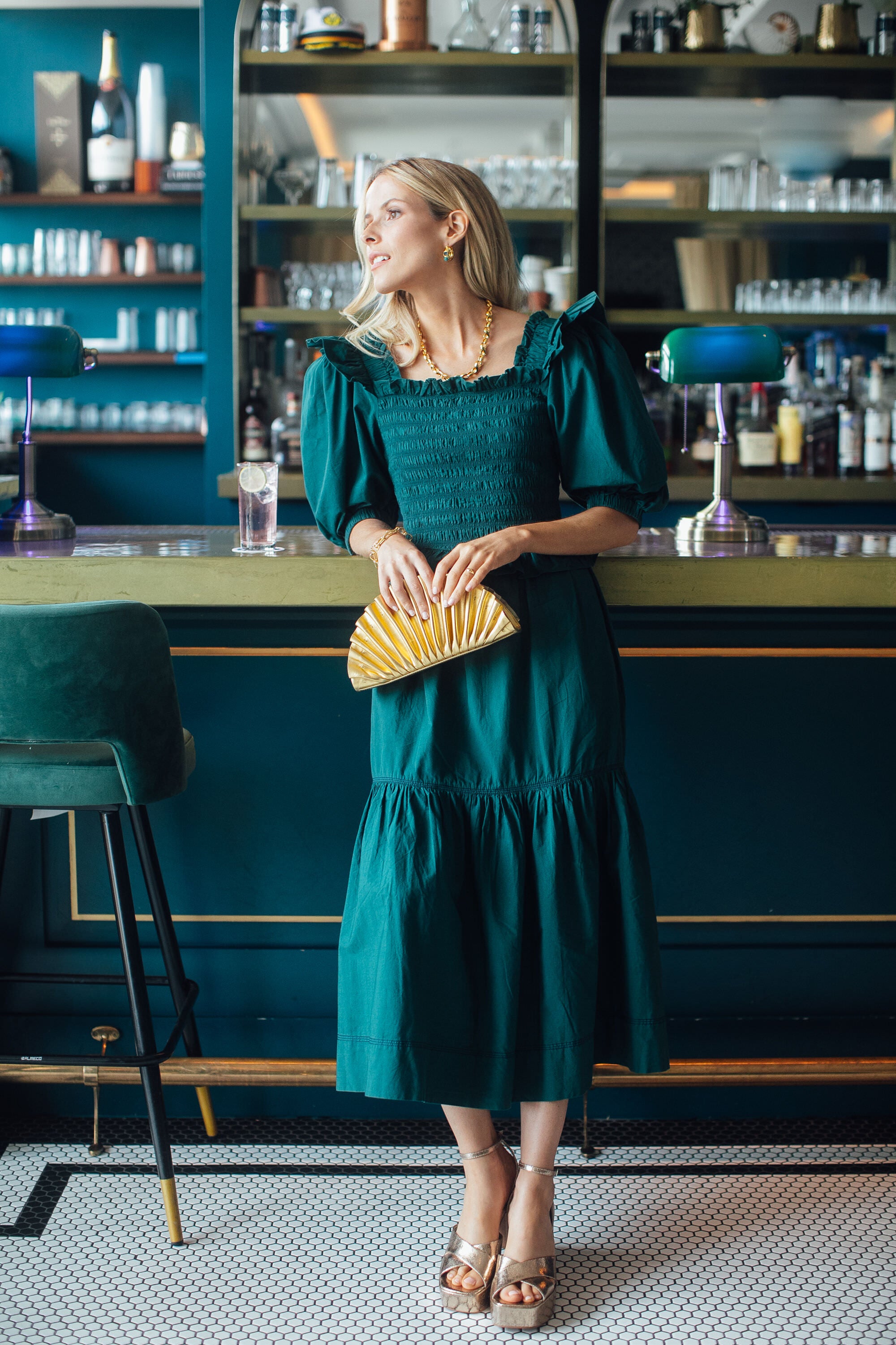 Forest Sybil Solid Cotton Puff Sleeve Smocked Dress-Beilave