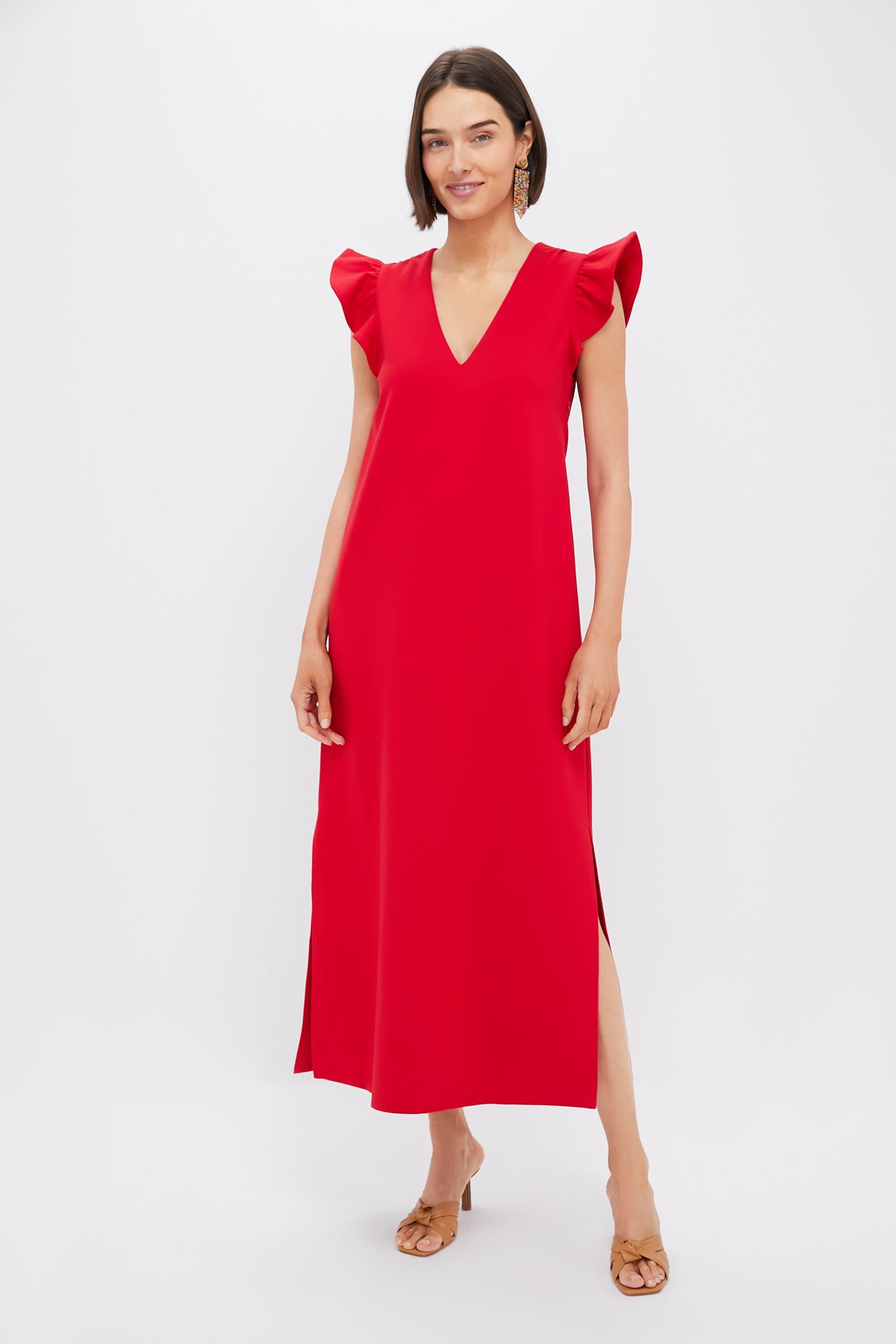 Red Flutter Sleeve Miko Dress-Beilave