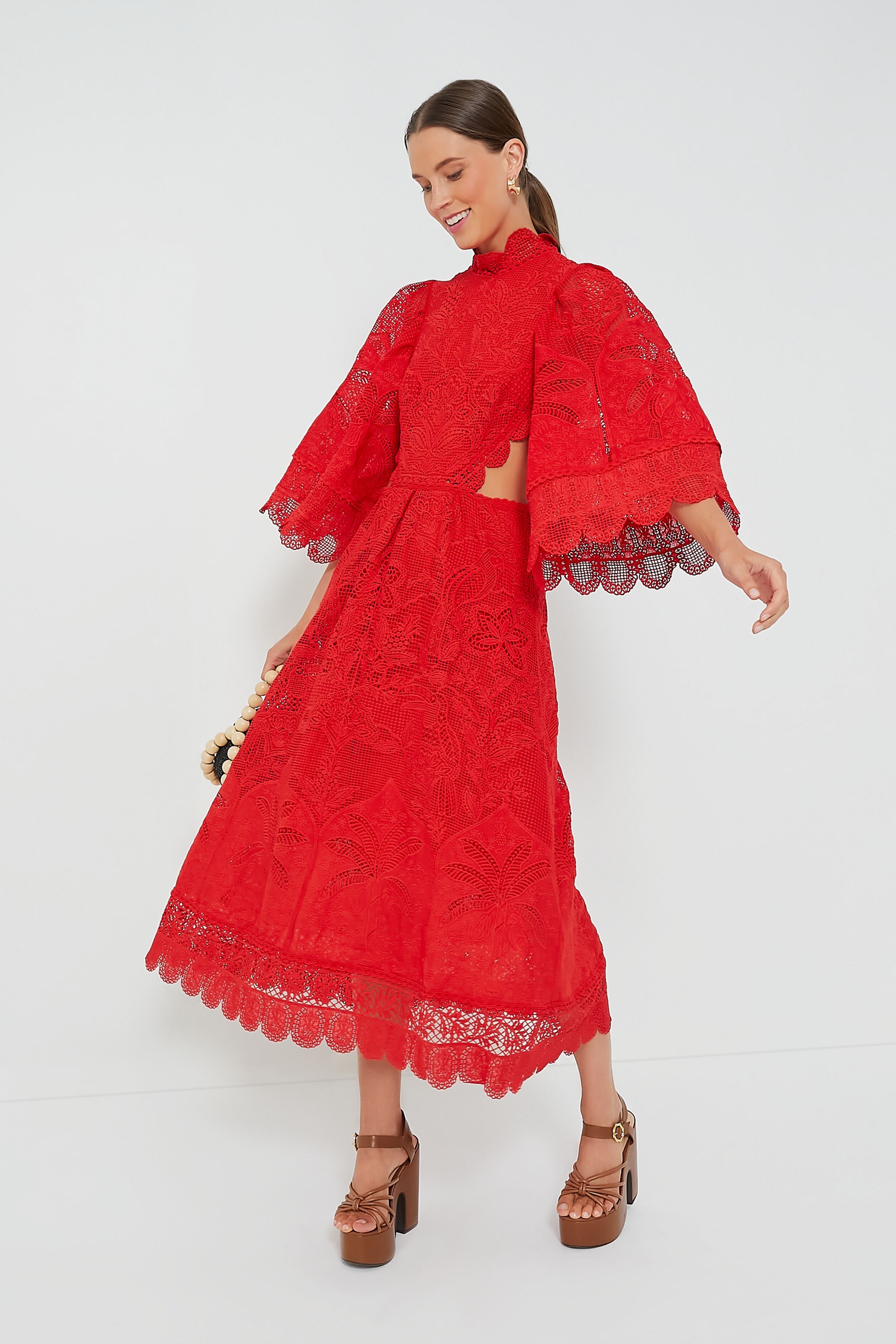 Red Guipure Cut Out Midi Dress-Beilave