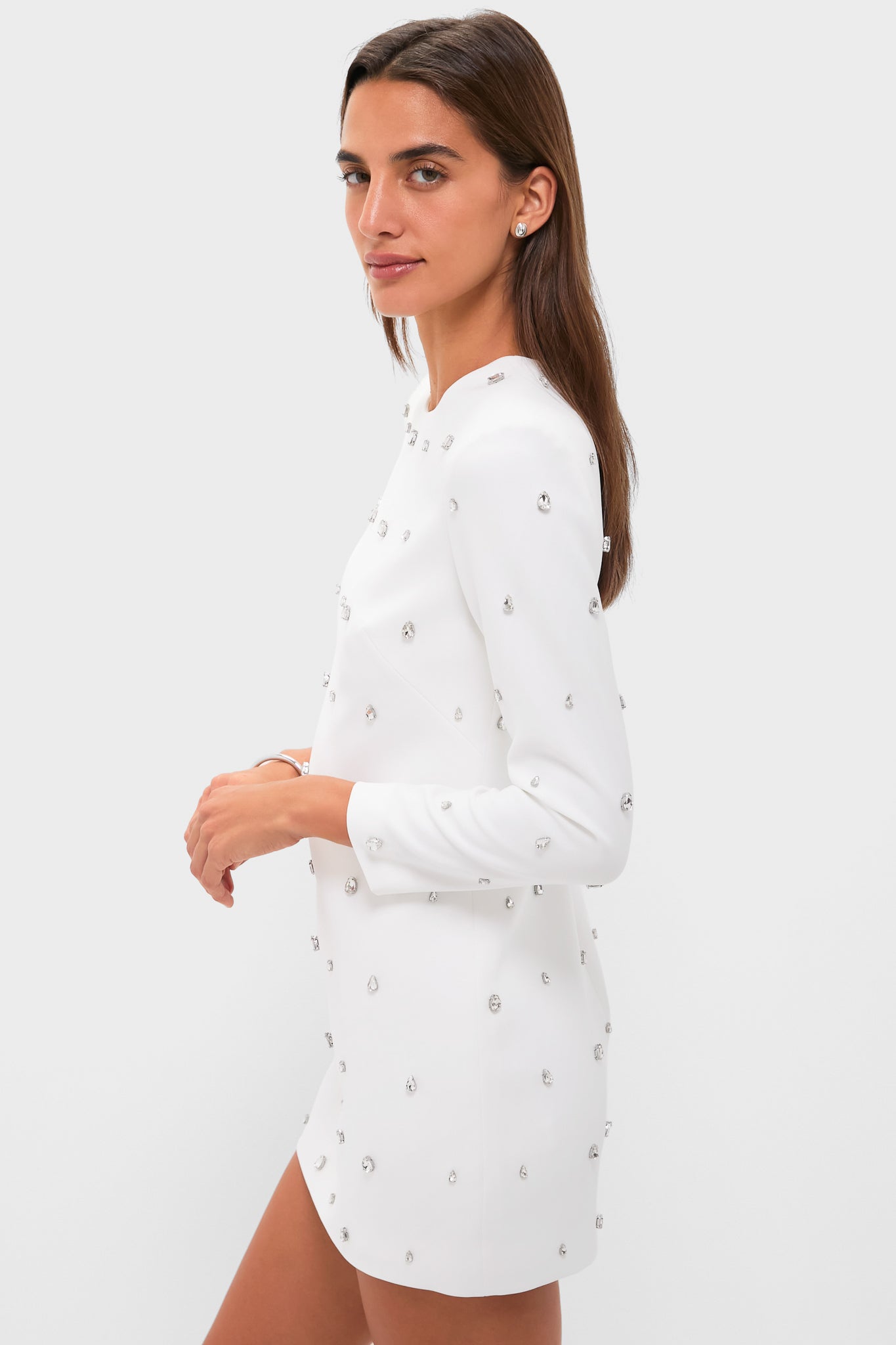 White with Crystal Kenna Long Sleeve Mini Dress-Beilave