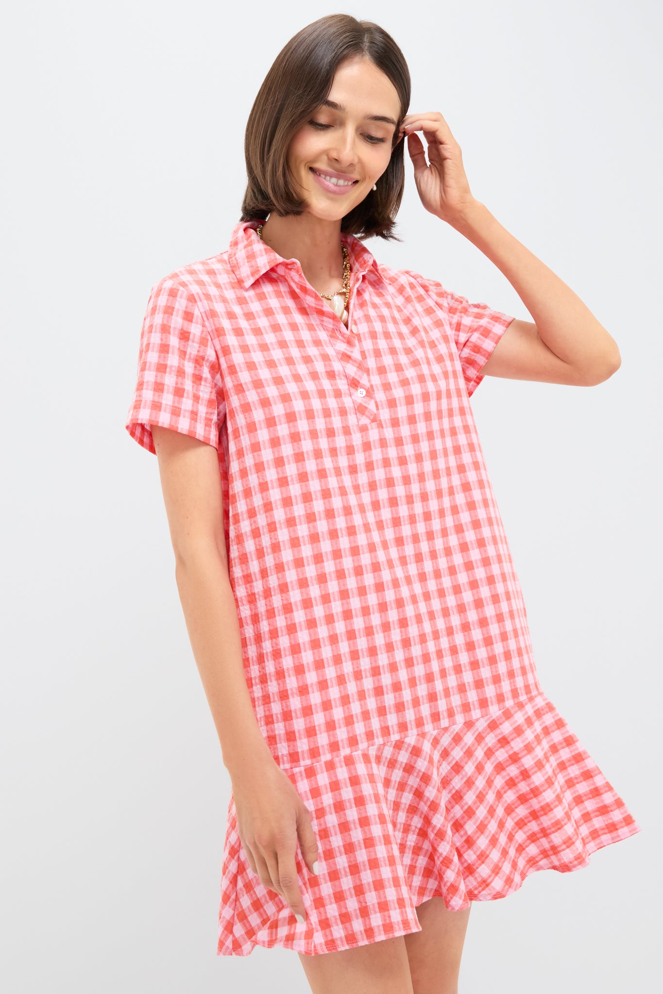 Orange and Pink Seersucker Short Sleeve May Dress-Beilave