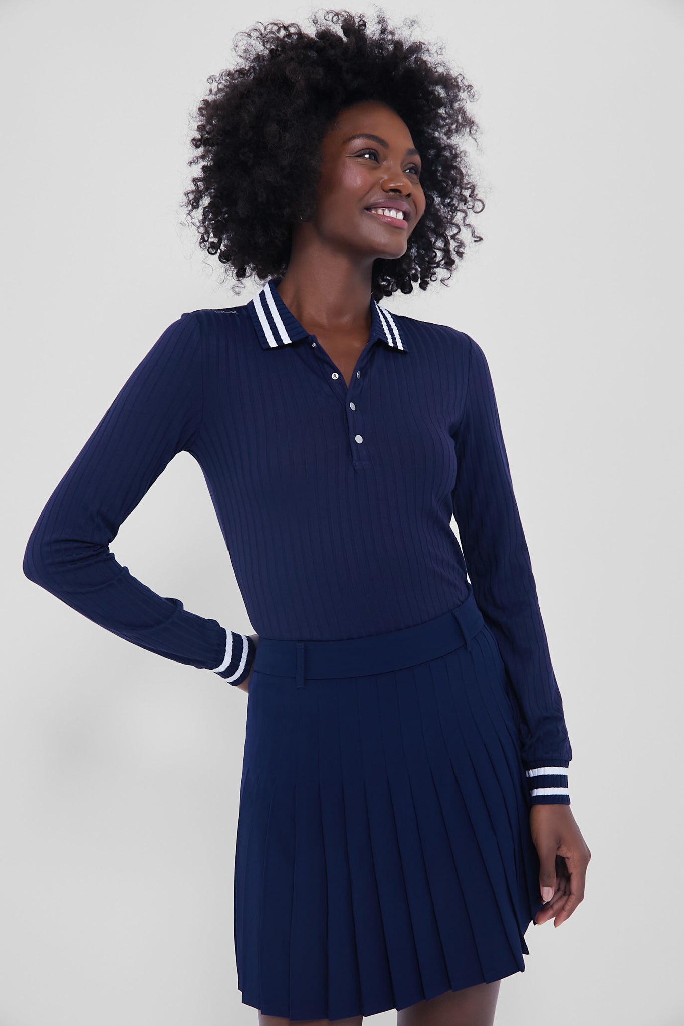 Refined Navy Long Sleeve Drop Needle Rib Knit Polo-Beilave
