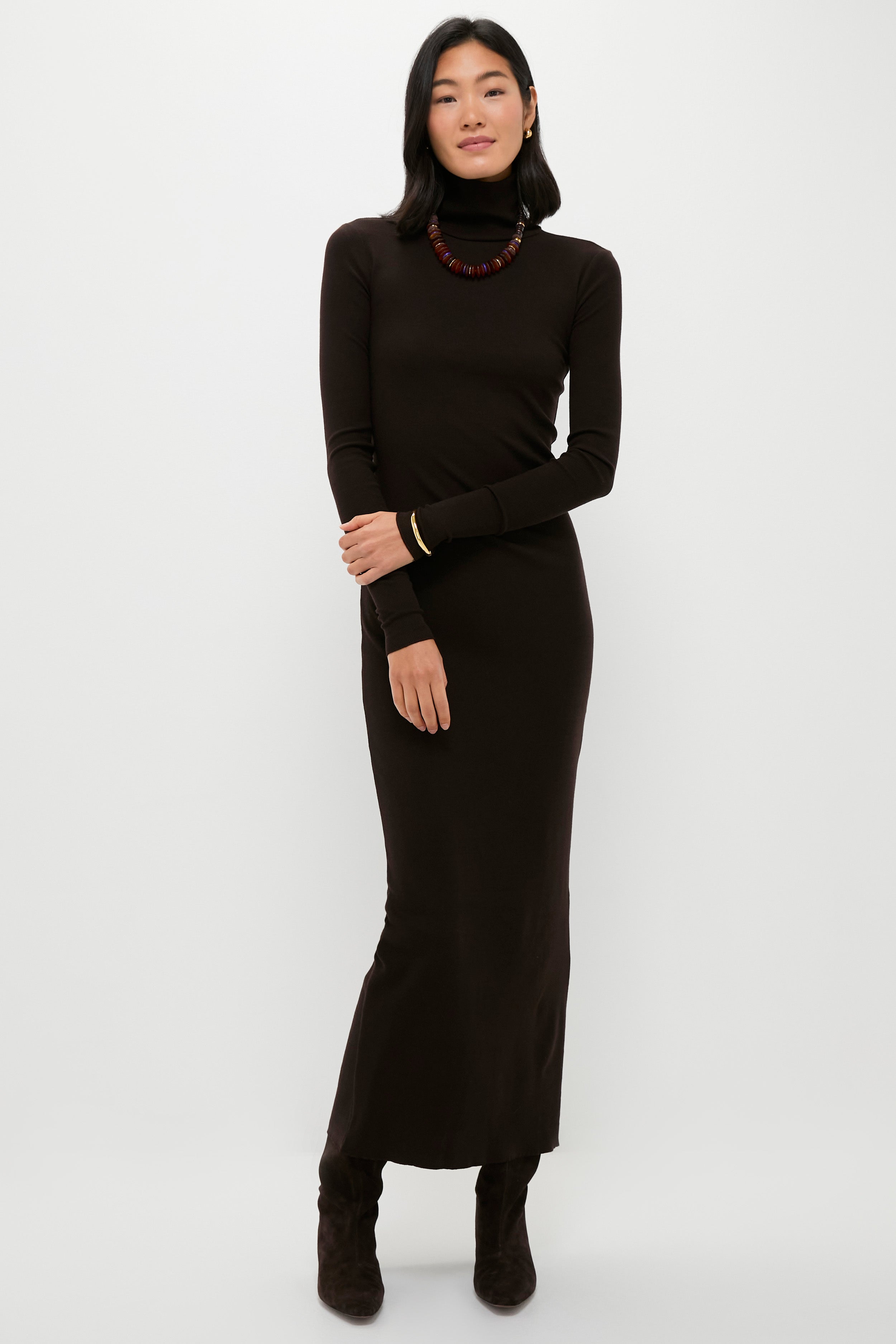 Brown Melange Rib Knit Turtleneck Column Dress-Beilave