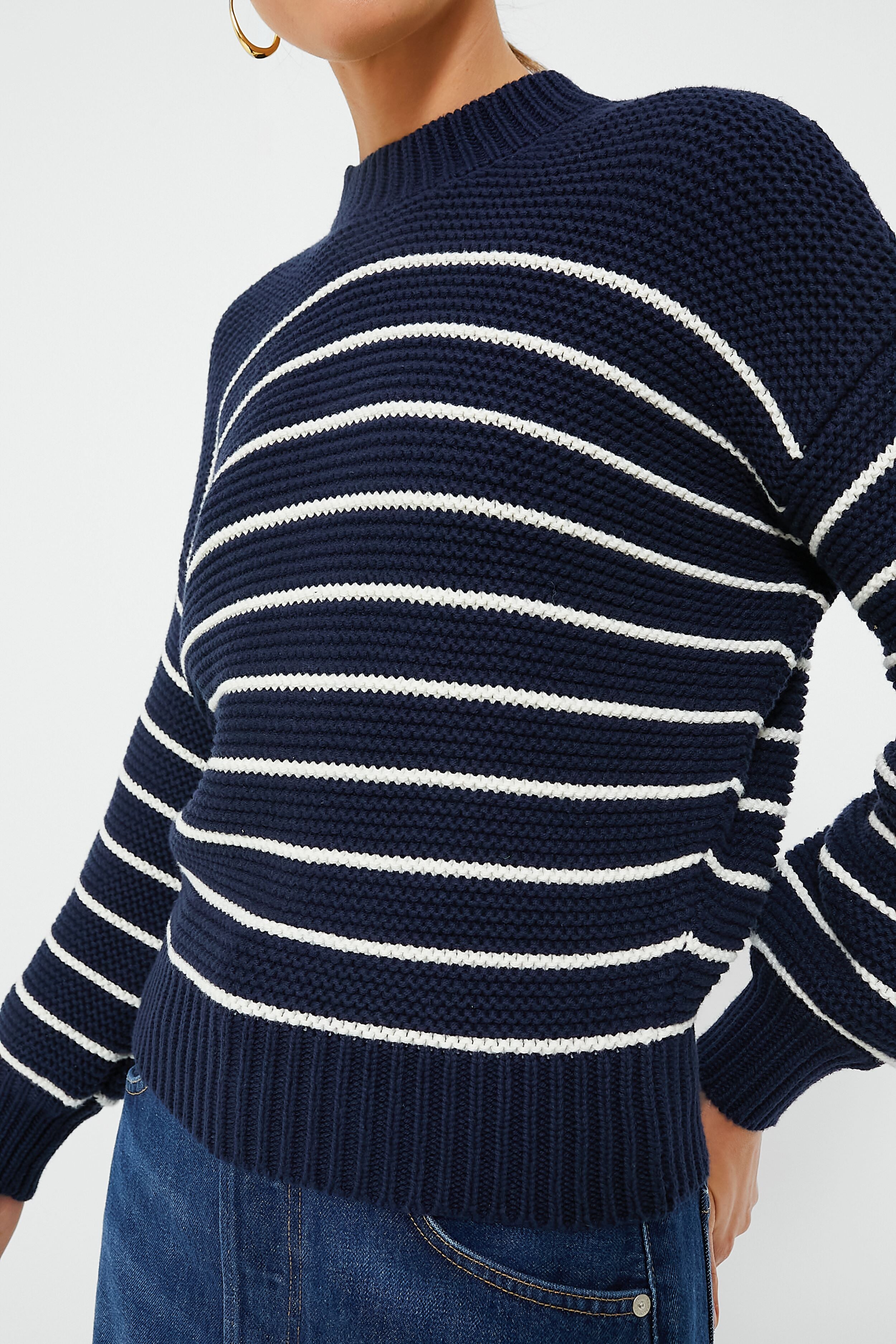Dark Navy and Ivory Stripe Button Back Crewneck Sweater-Beilave