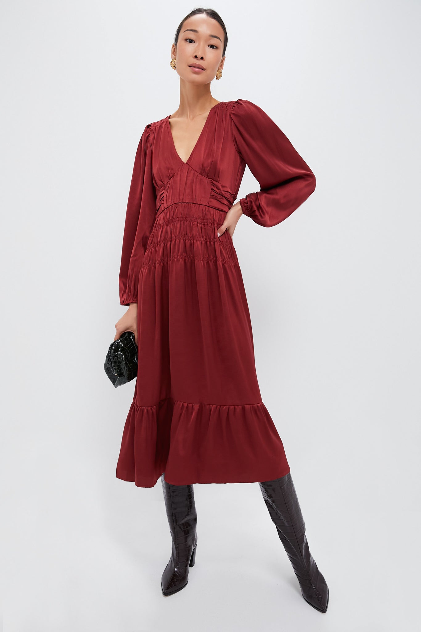 Wine V Neck Midi Dress-Beilave