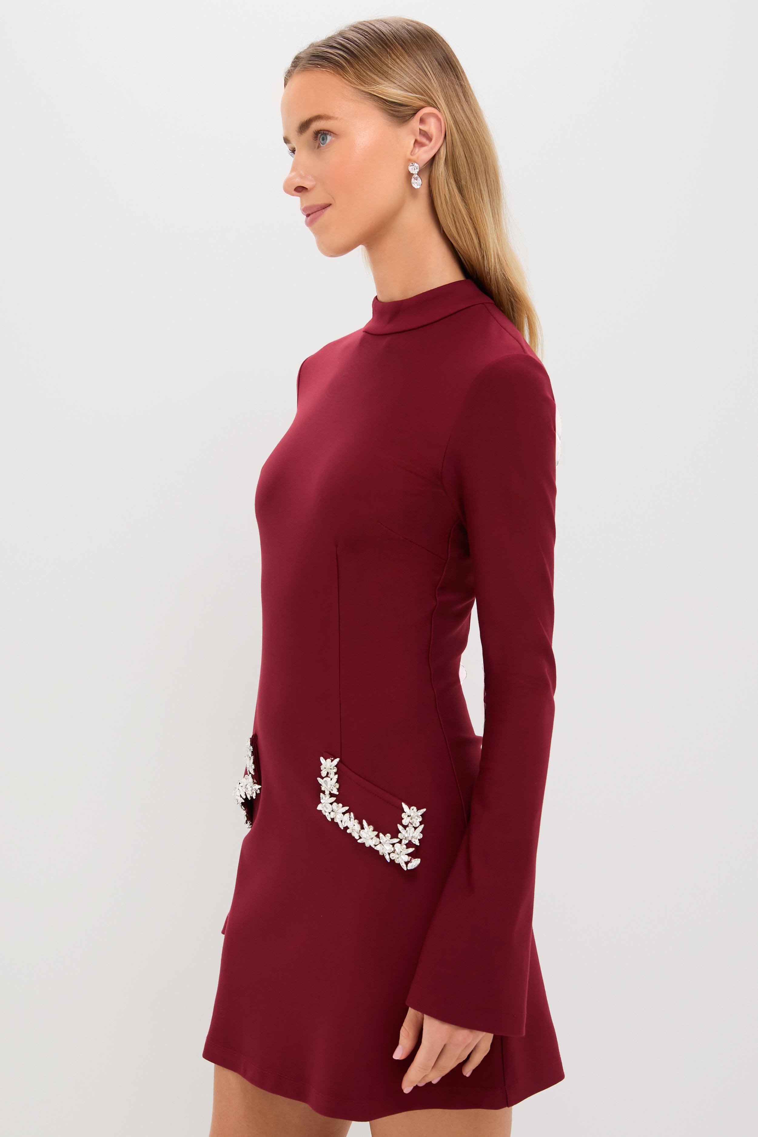 Oxblood Embellished Long Sleeve Bronwyn Mini Dress-Beilave