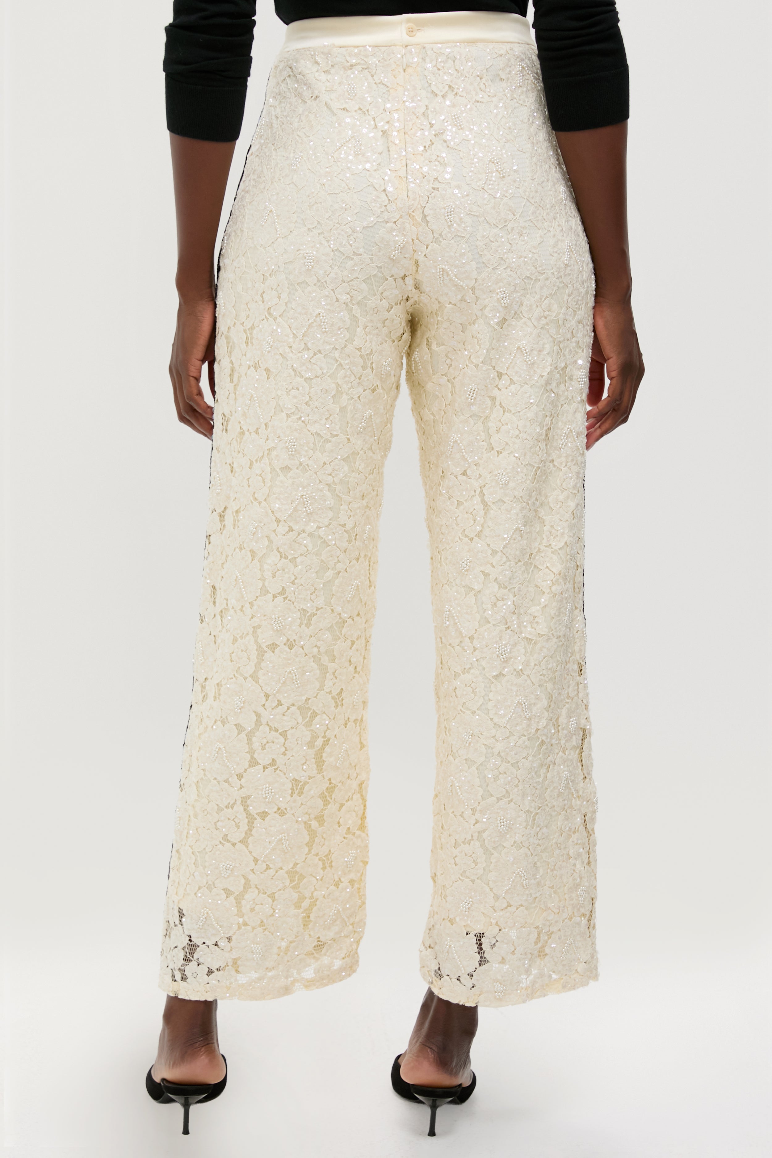 Cream Lace Sequin Straight Pants-Beilave