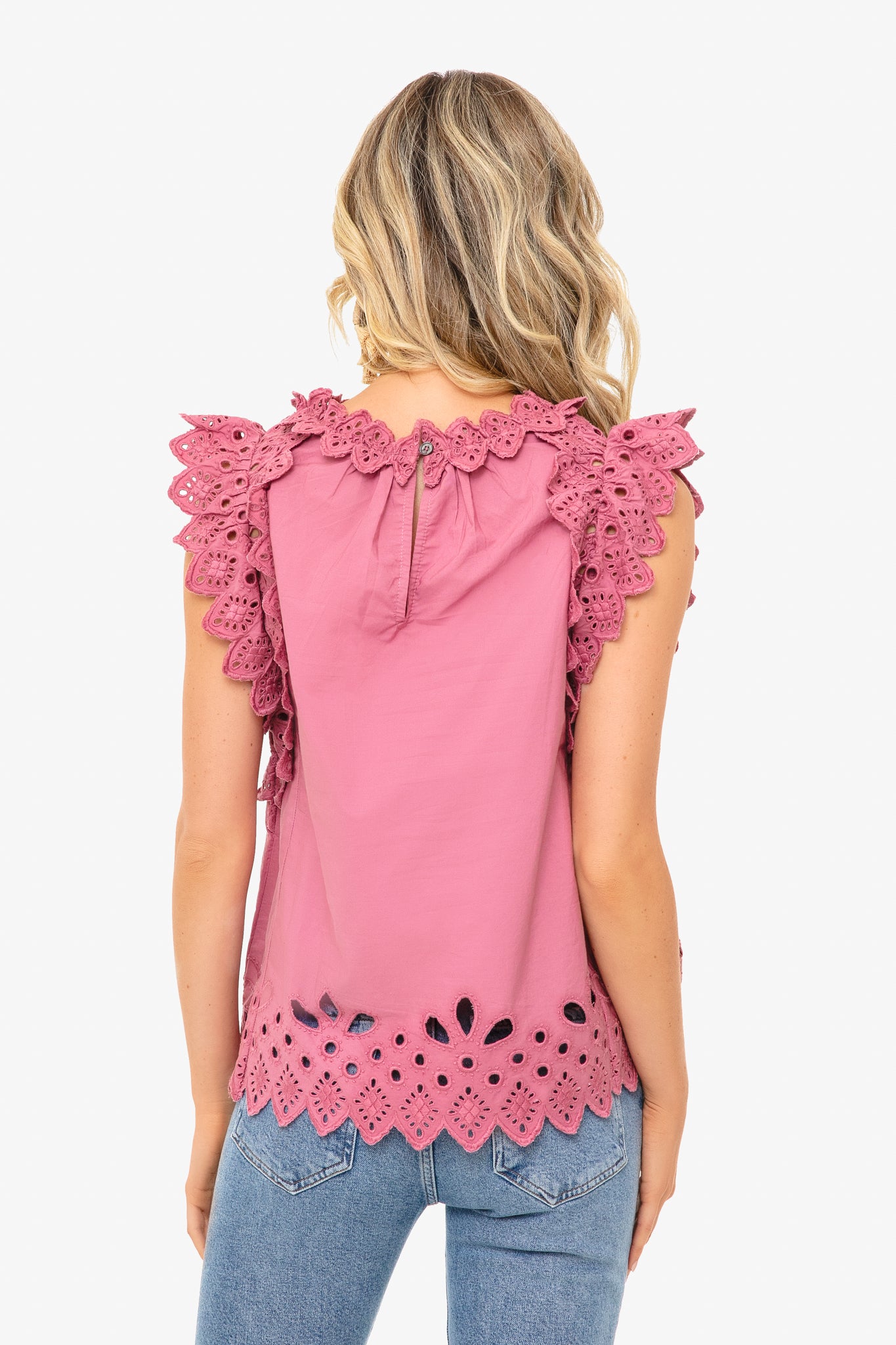 Rose Hazel Eyelet Flutter Sleeve Top-Beilave