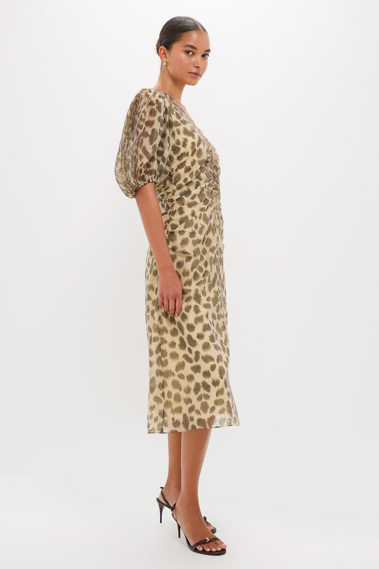 Cream Claude Print Puff Sleeve Midi Dress-Beilave
