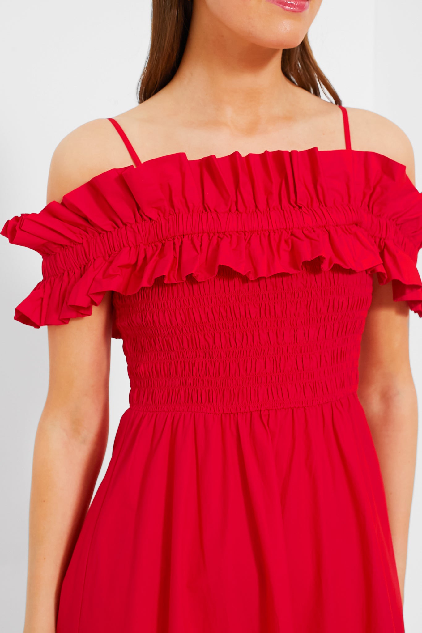 Racing Red Cotton Poplin Long Smock Dress-Beilave