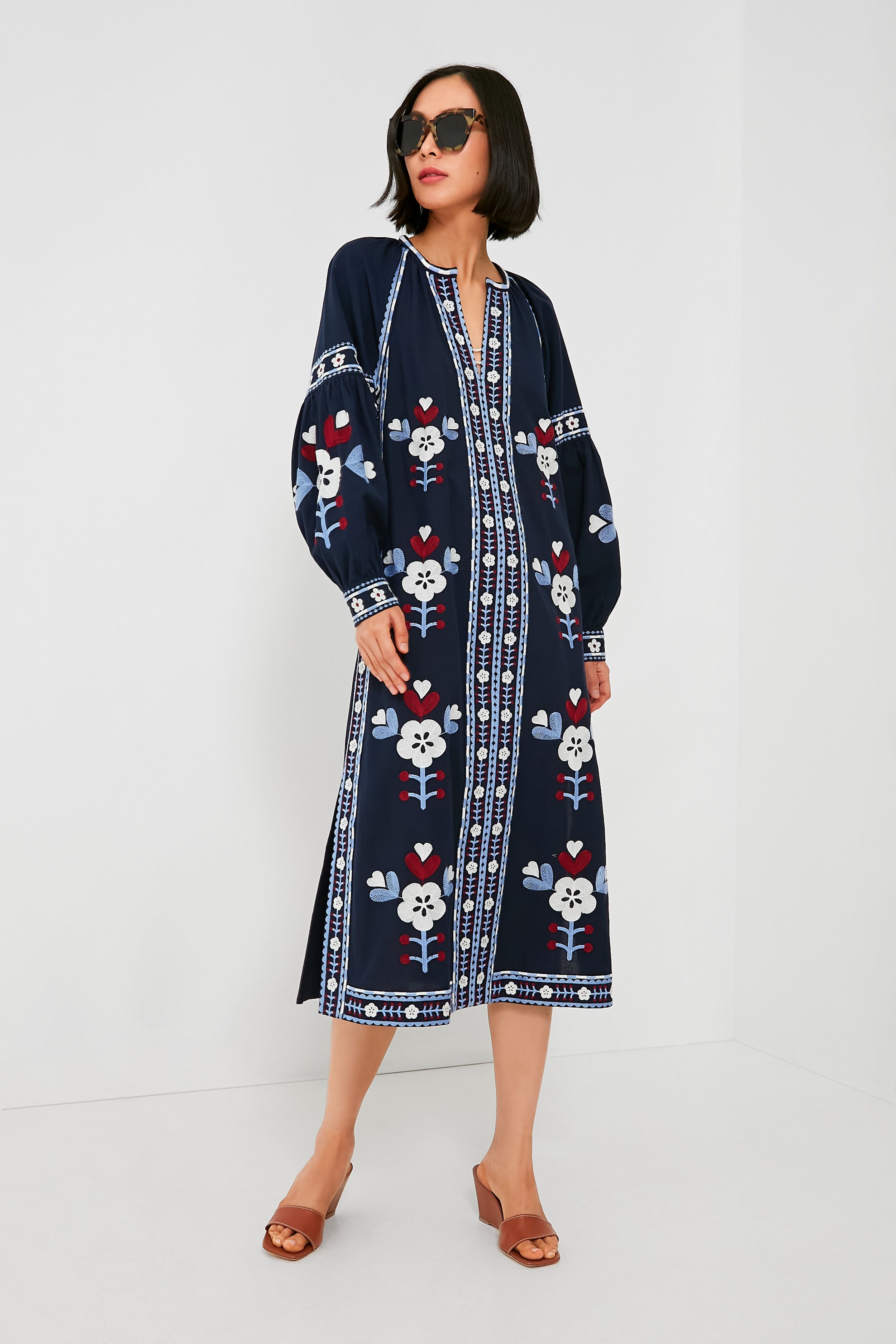Exclusive Navy Shaina Embroidery Long Sleeve Dress-Beilave