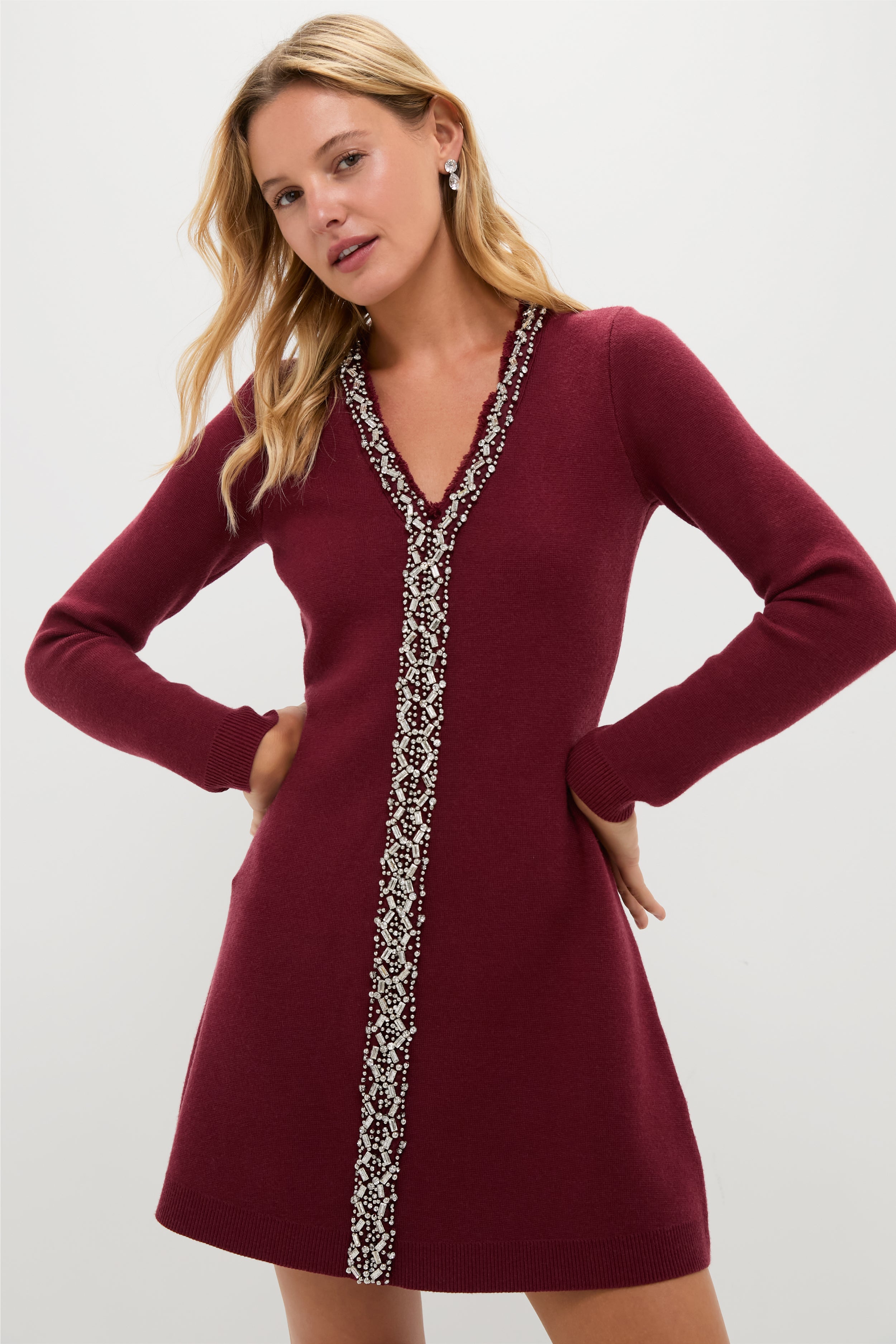 Oxblood Embellished Knit Simms Mini Dress-Beilave