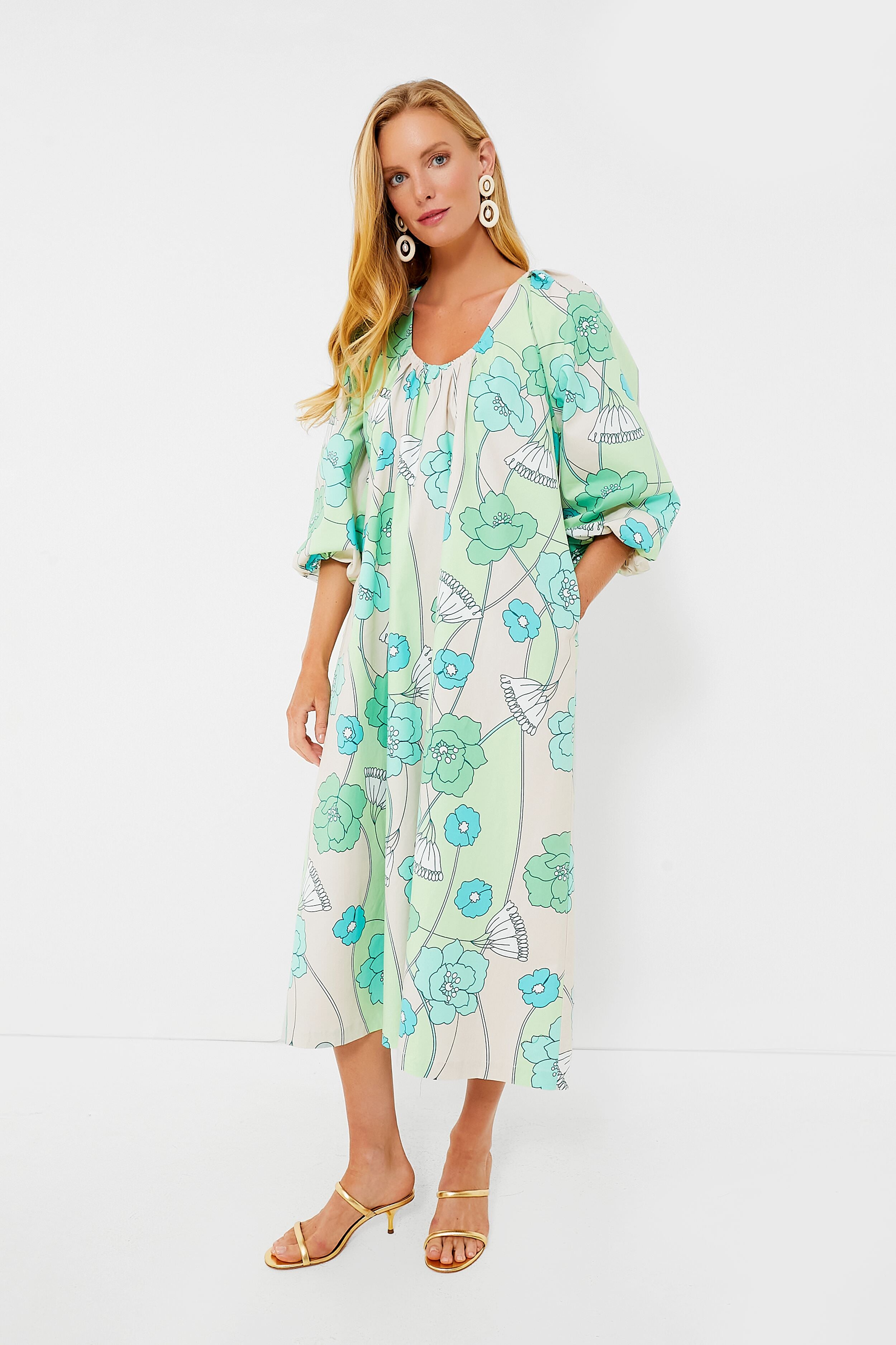 Green and Blue Floral Dorinda Midi Dress-Beilave
