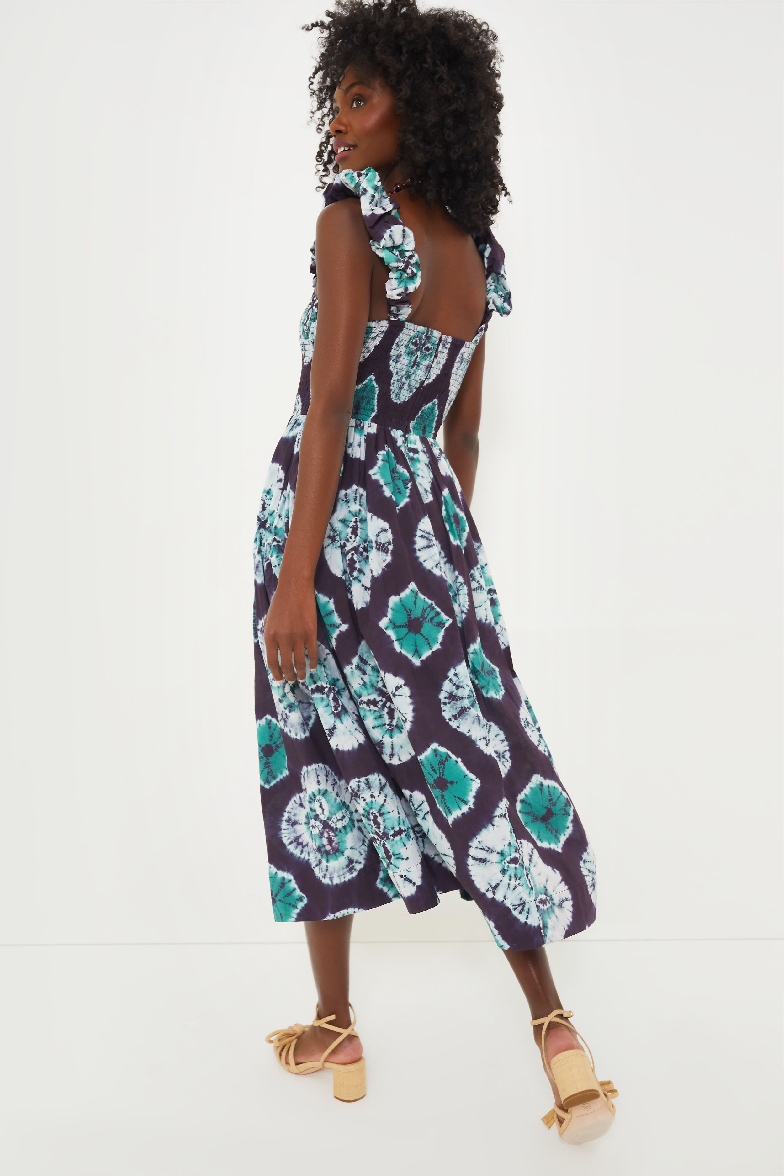 Teal Aveline Tie Dye Print Sleeveless Smocked Dress-Beilave