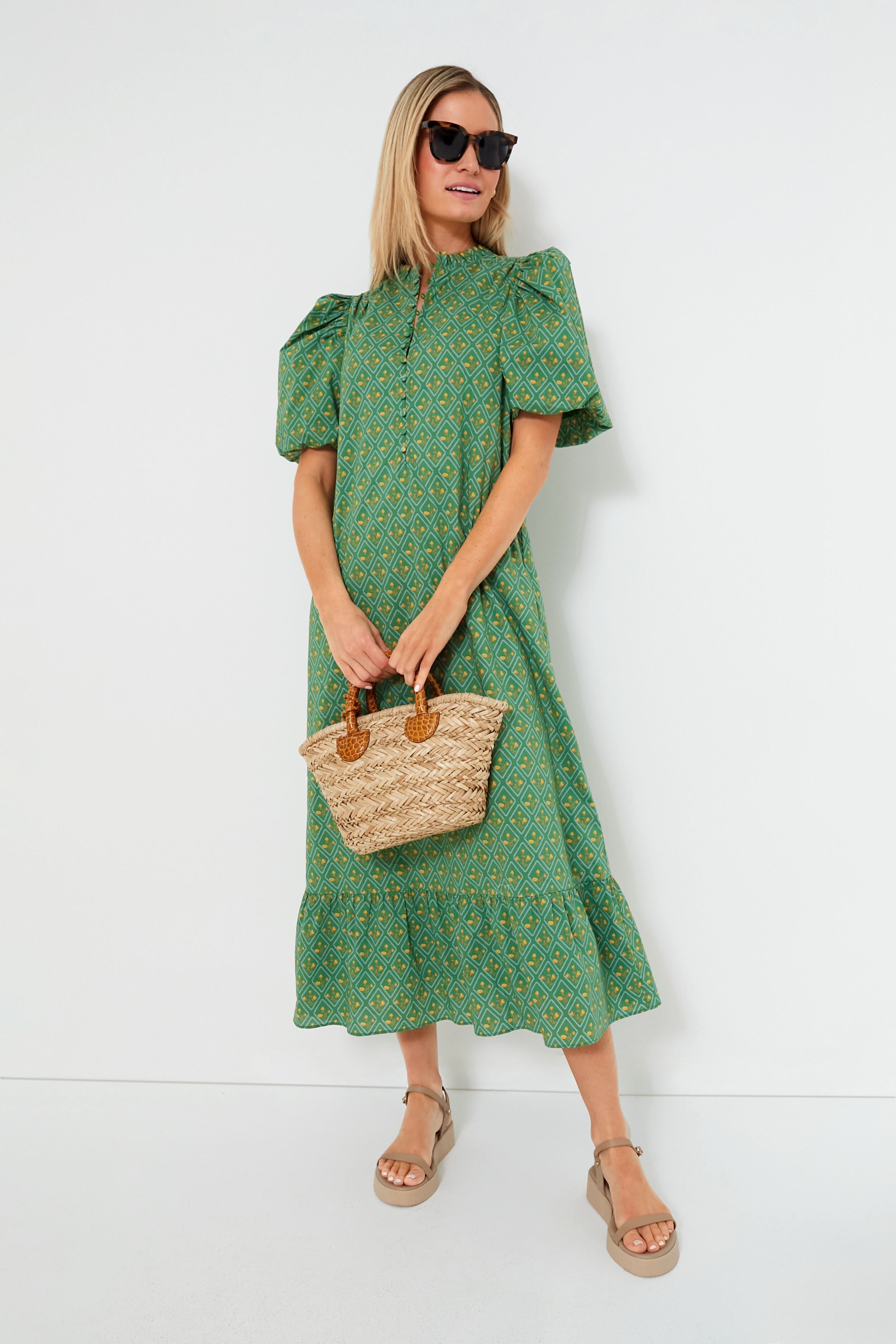 Green Diamond Floral Mimi Midi Dress-Beilave