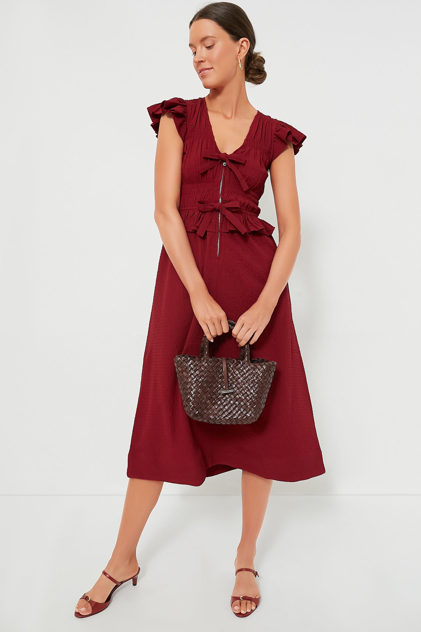 Red Regina Seersucker Flutter Sleeve Dress-Beilave