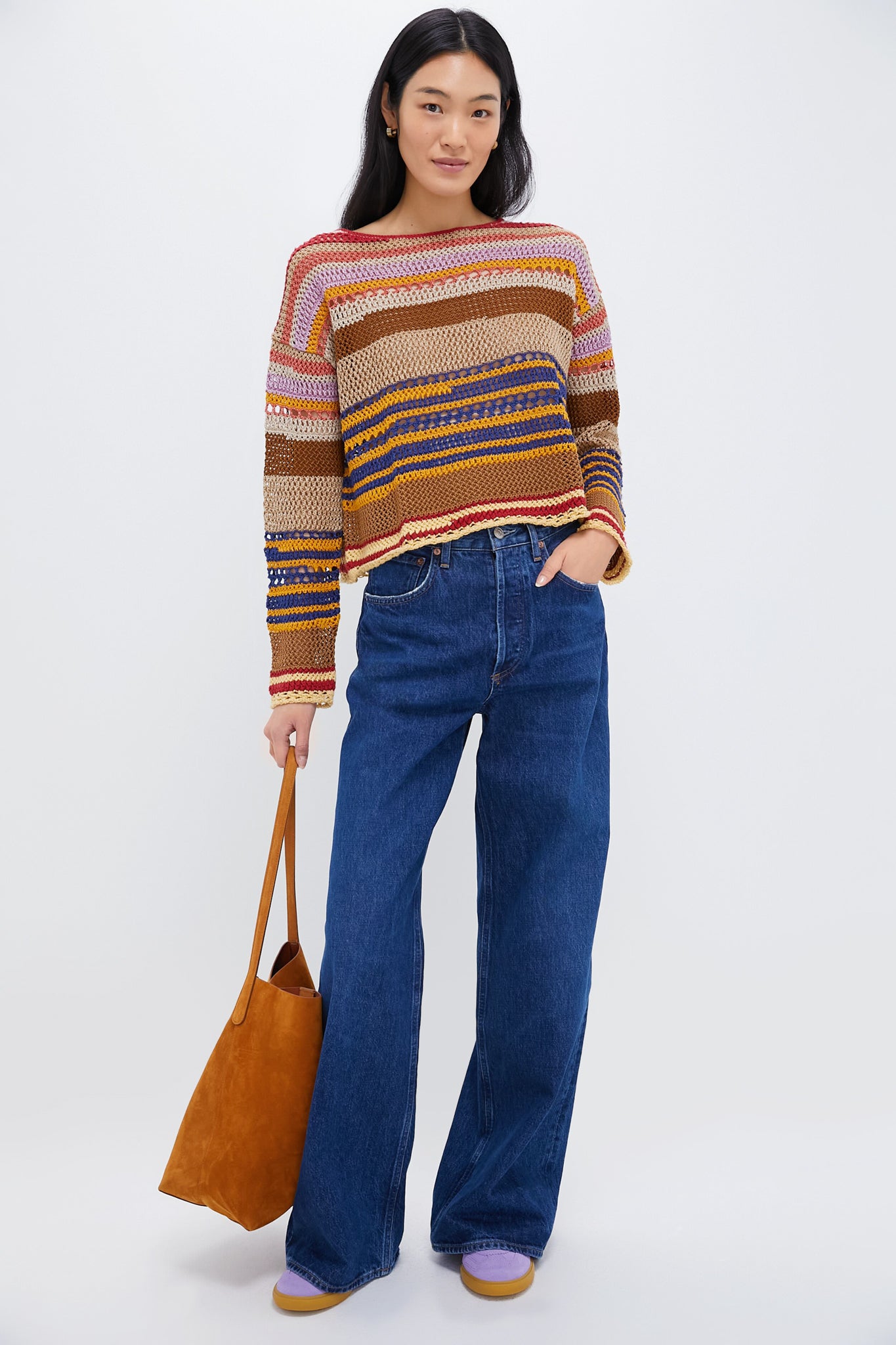 Tan Multi Linen Blend Stripe Long Sleeve Pullover-Beilave