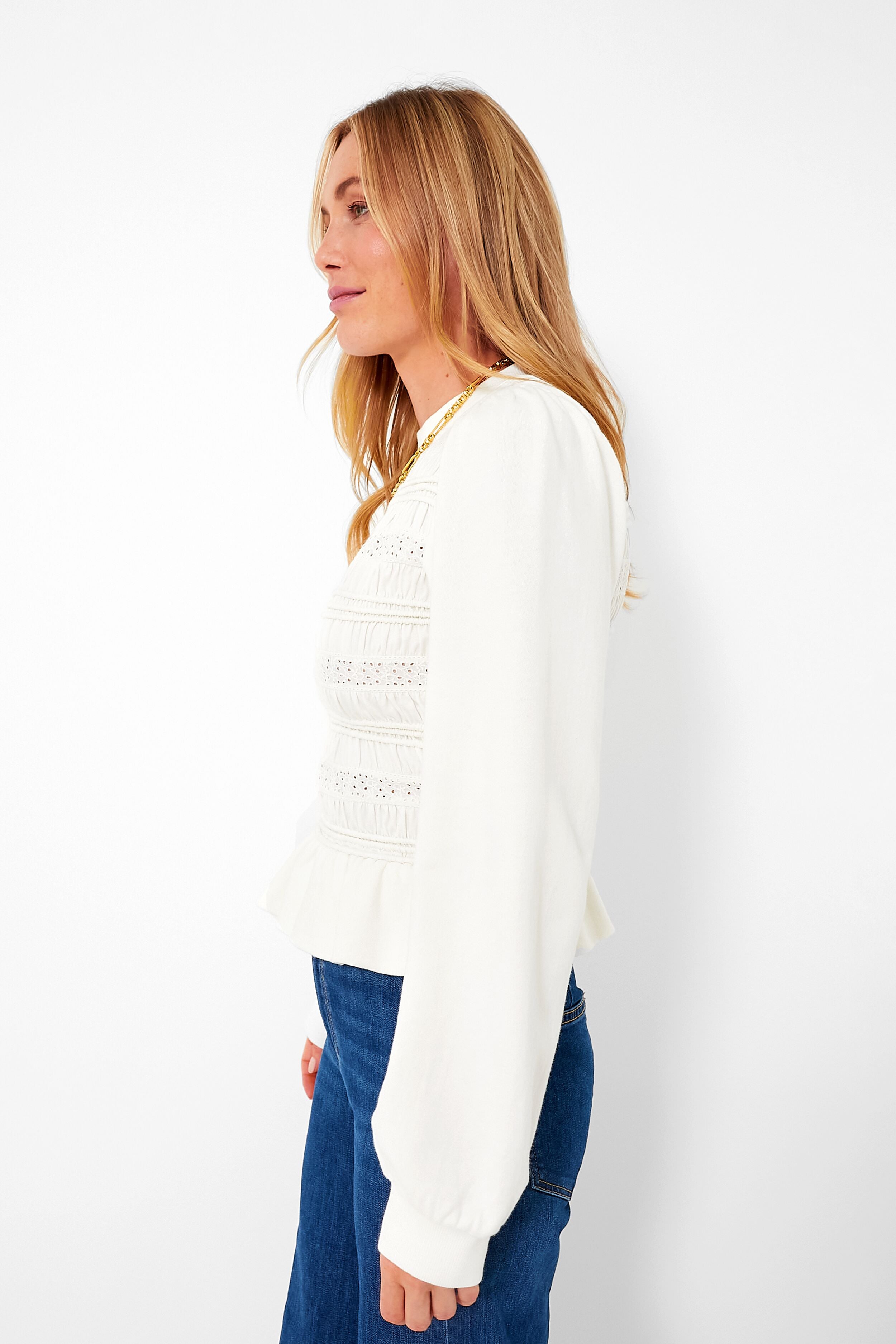Cream Rita Jersey Long Sleeve Smocked Top-Beilave