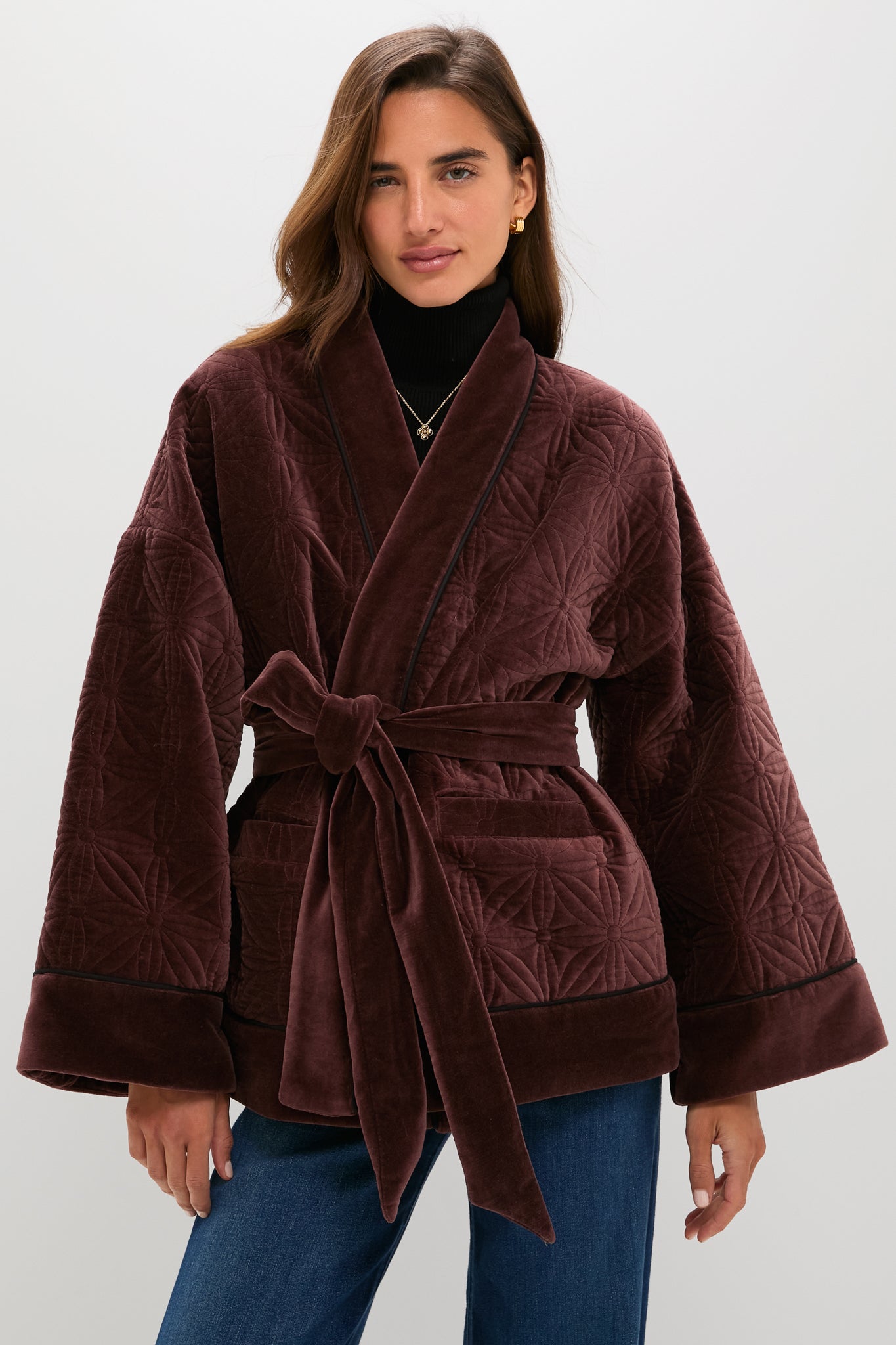 Chocolate Quilted Velvet Simone Wrap Jacket-Beilave