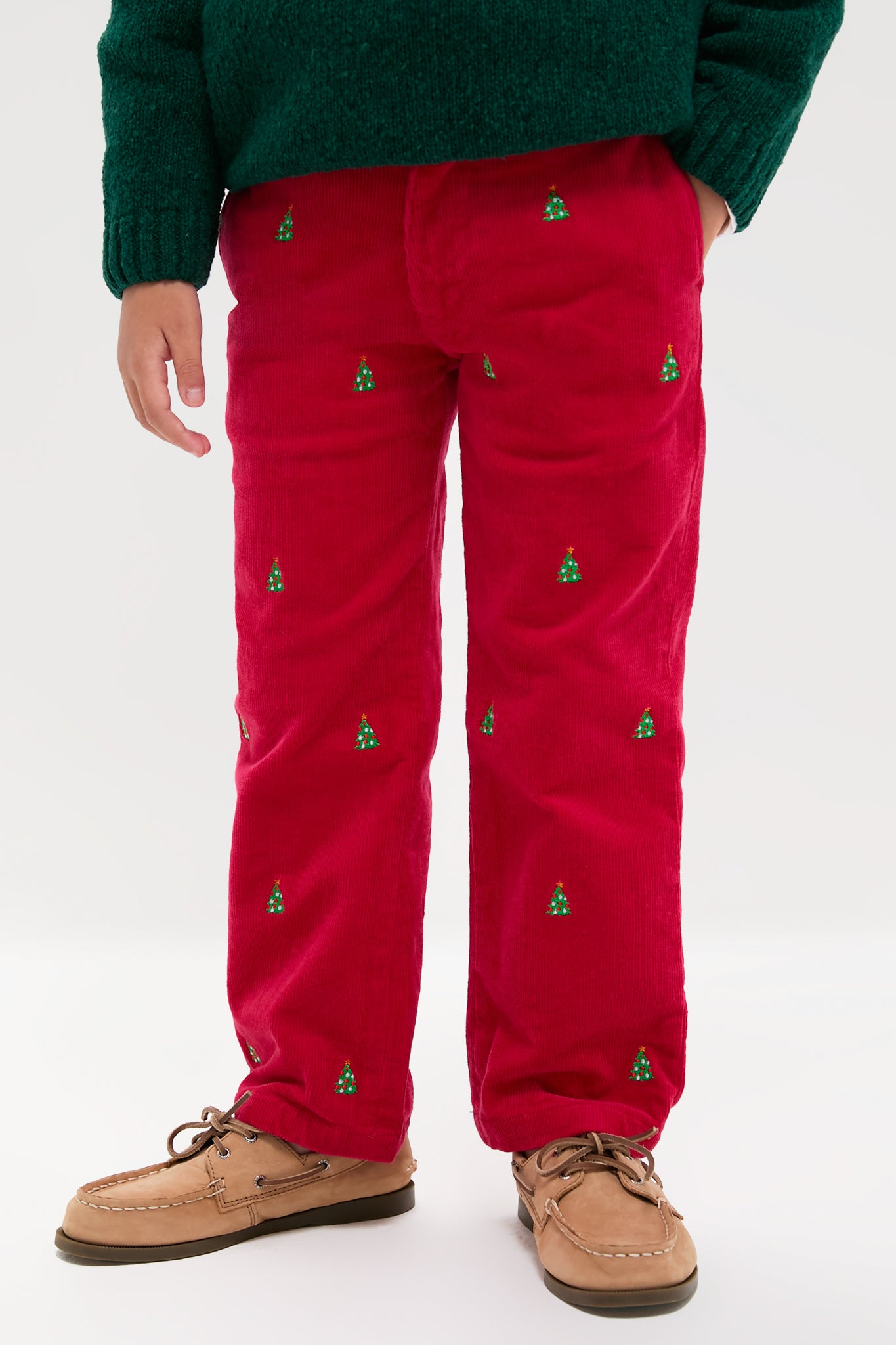 Crimson Christmas Tree Embroidered Boys Corduroy Pants-Beilave