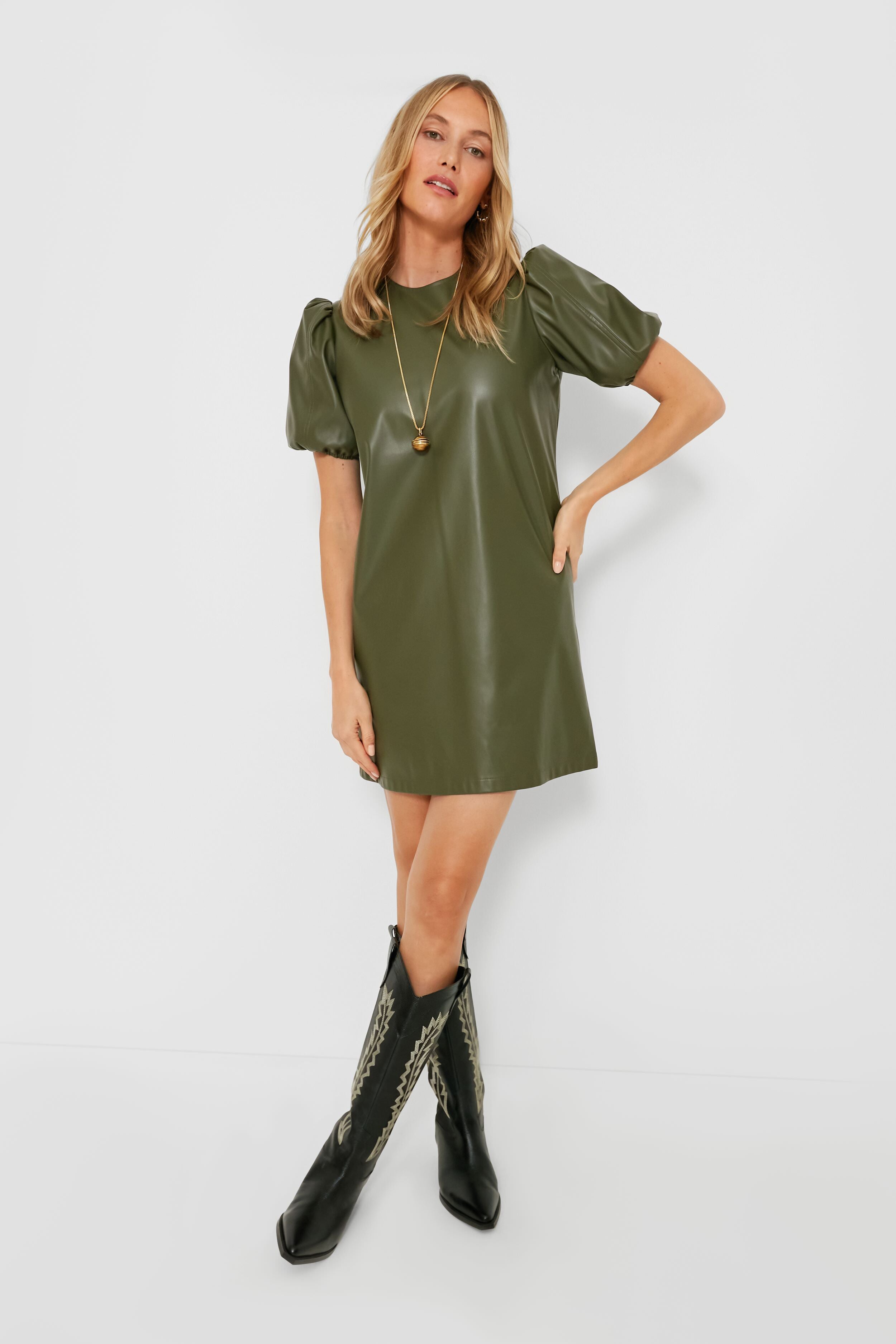Green Faux Leather McShea Mini Dress-Beilave
