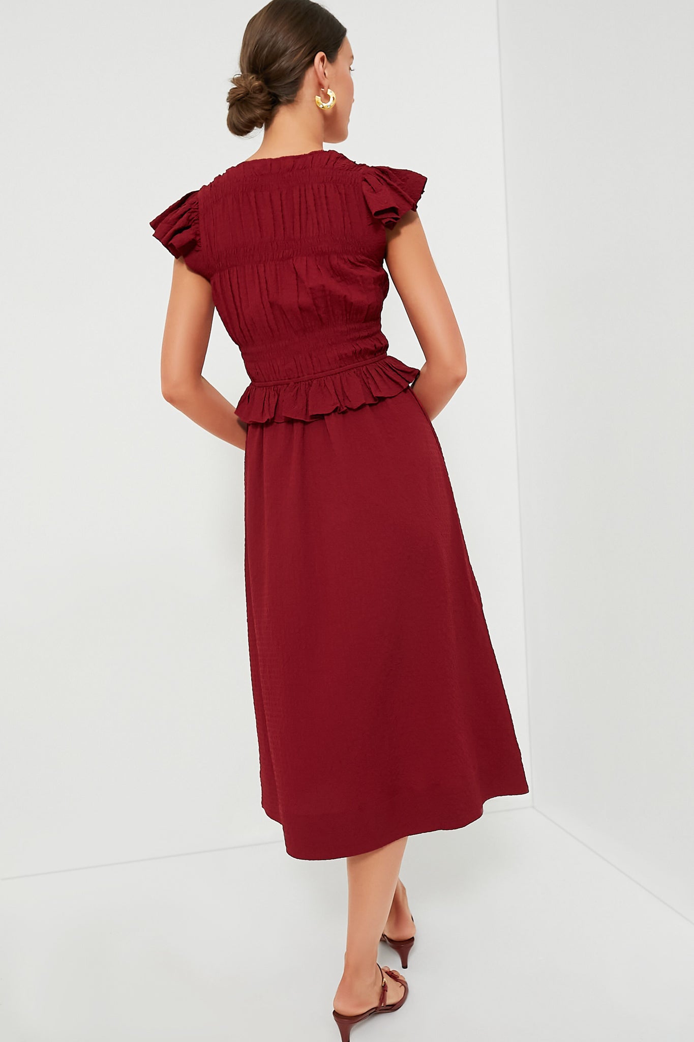 Red Regina Seersucker Flutter Sleeve Dress-Beilave