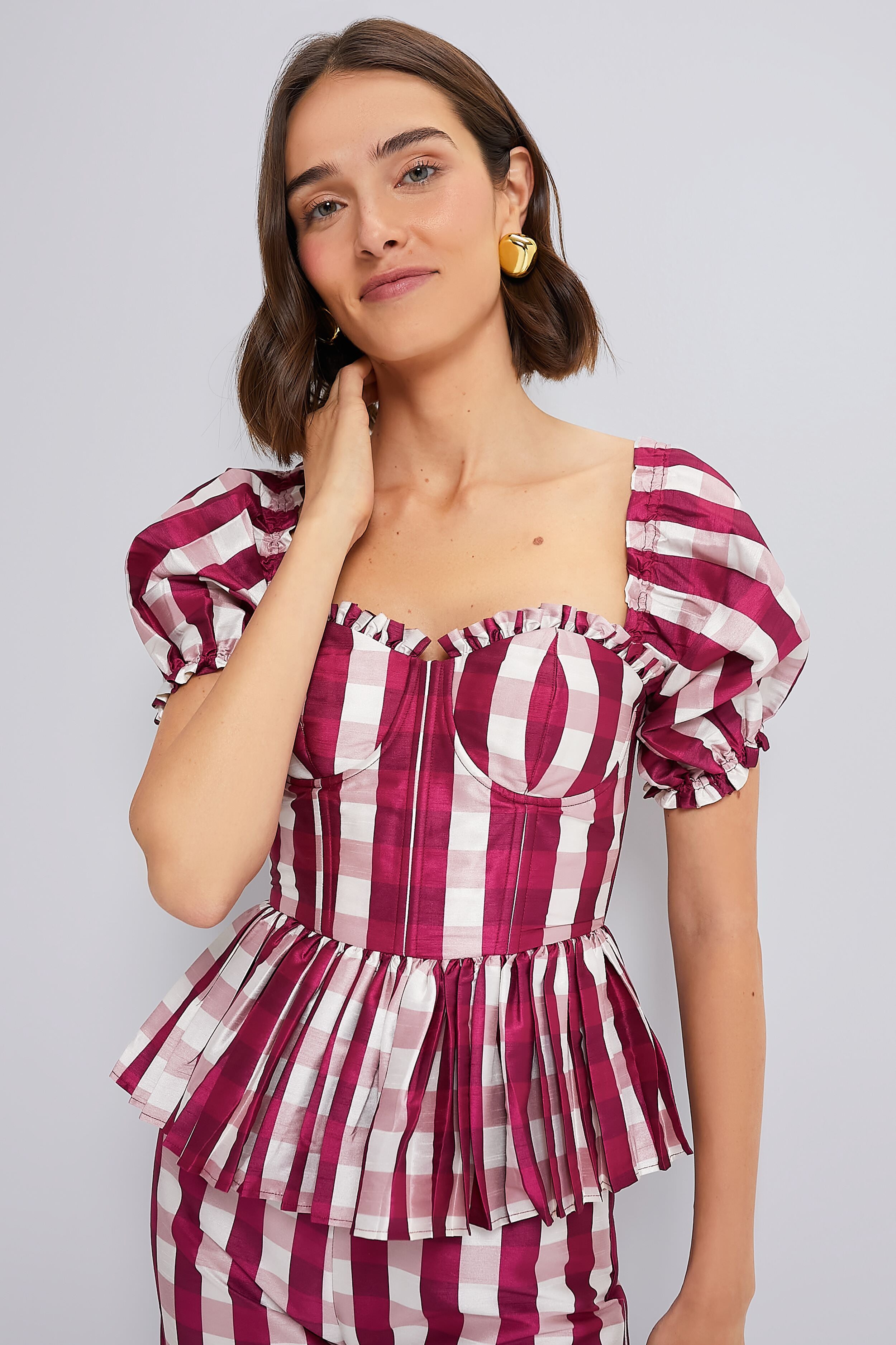 Wine Gingham Charlotte Bustier with Three Way Sleeve-Beilave