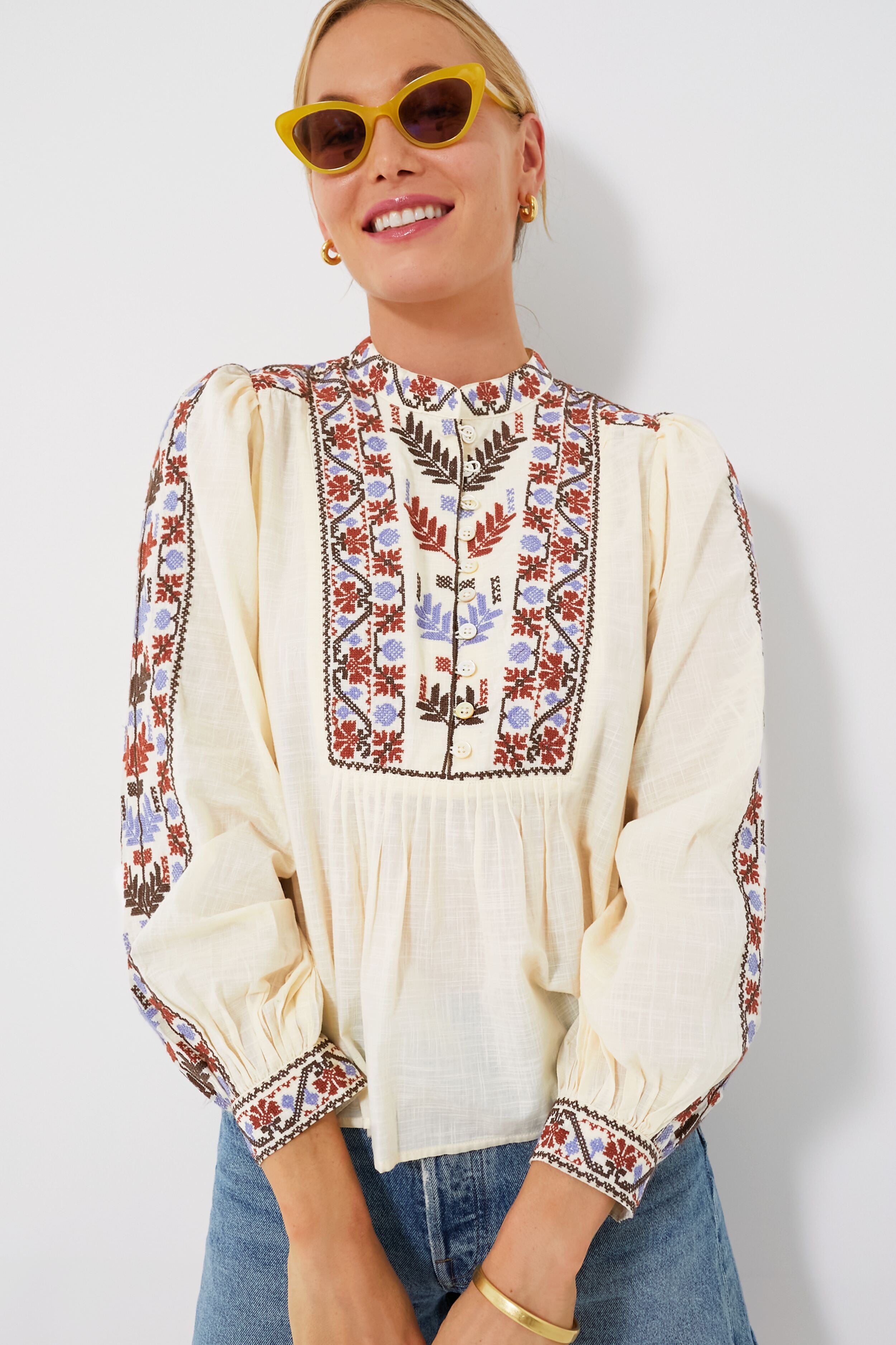 Cream Ellabeth Embroidered Long Sleeve Top-Beilave