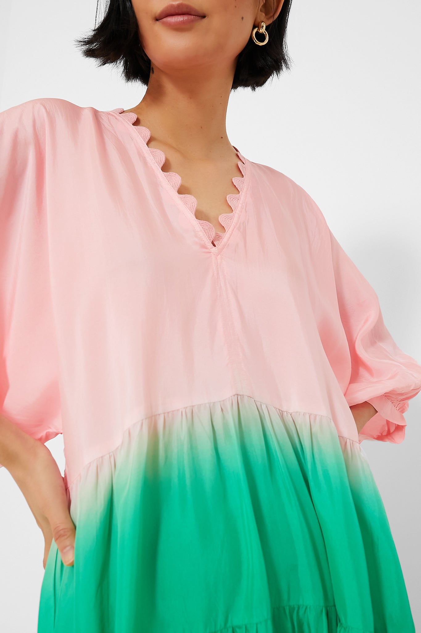 Peach and Emerald Bottle Green Ombre V-Neck Loose Maxi Dress with Ric Rac Trim-Beilave