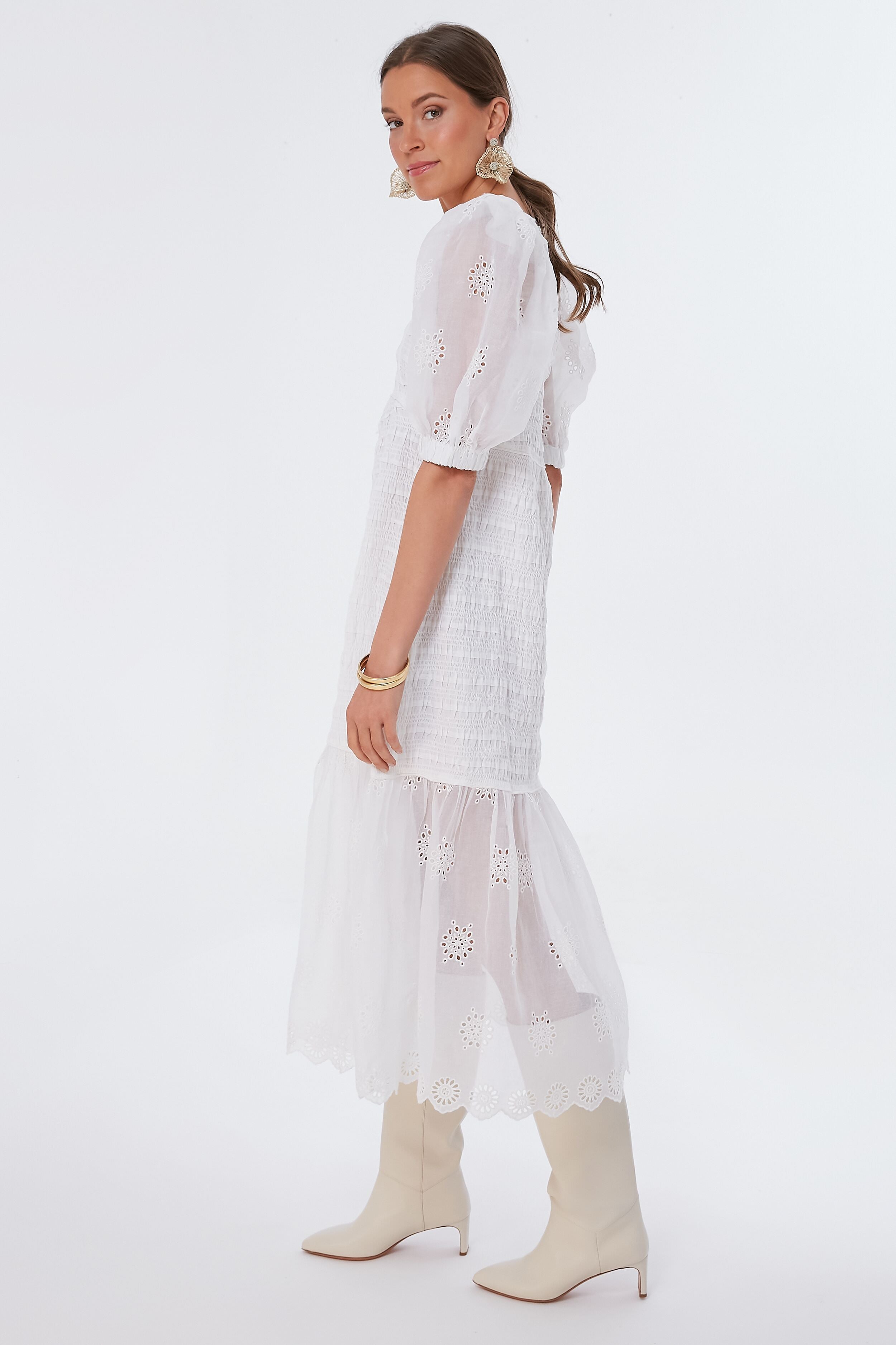 Eggshell Blaine Eyelet Puff Sleeve Smocked Dress-Beilave