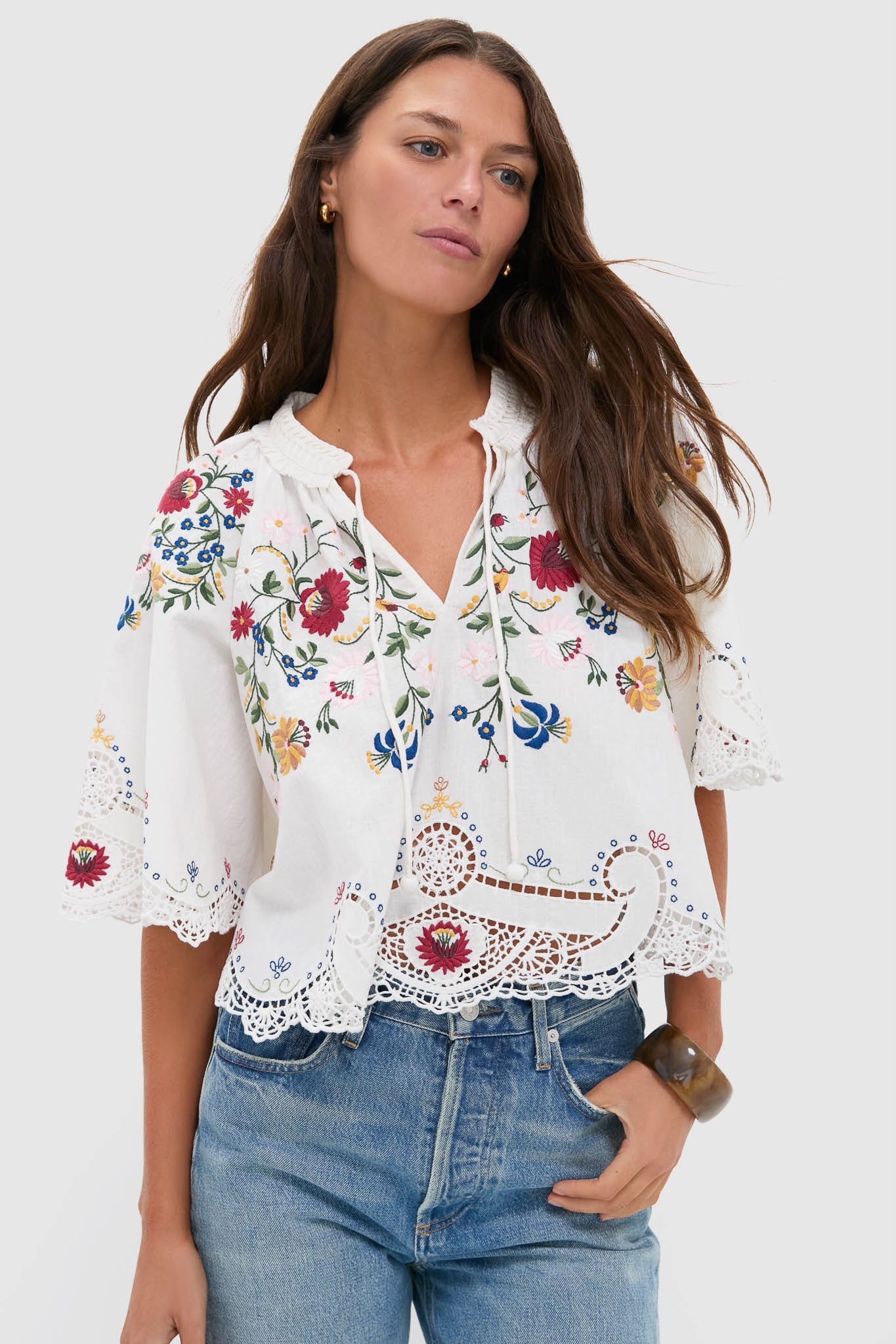 Cream Celia Embroidery Short Sleeve Top-Beilave