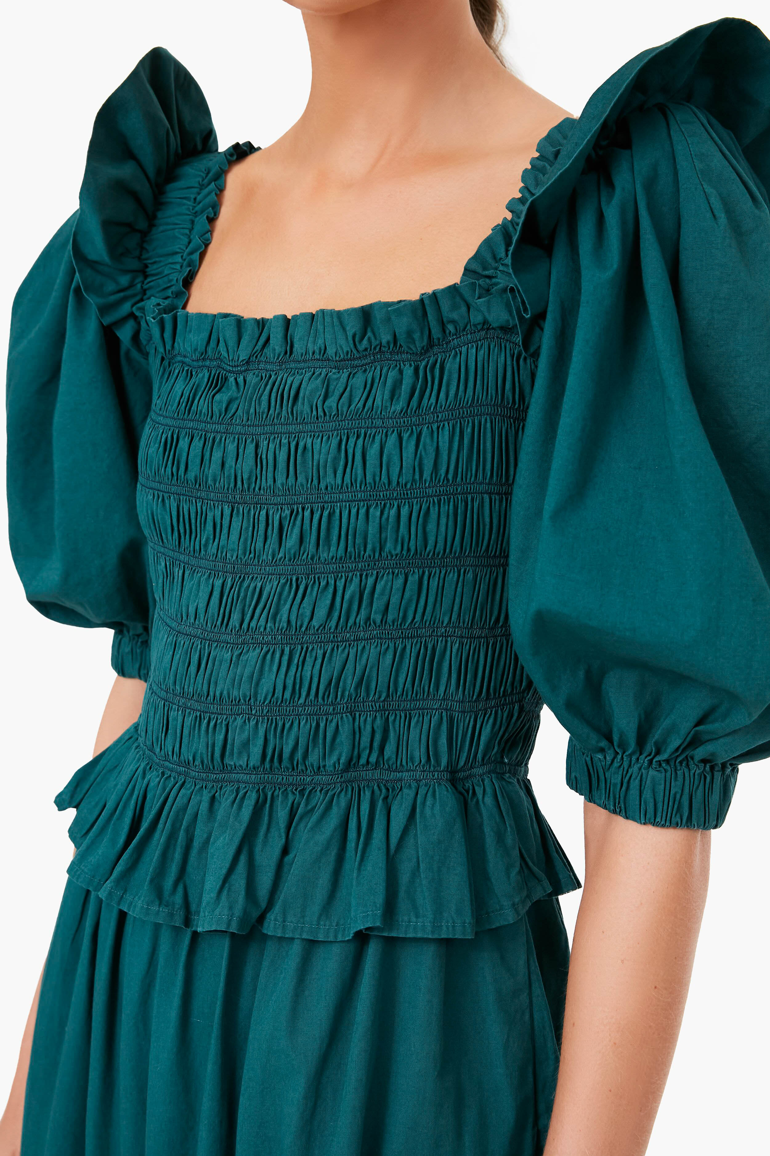 Forest Sybil Solid Cotton Puff Sleeve Smocked Dress-Beilave