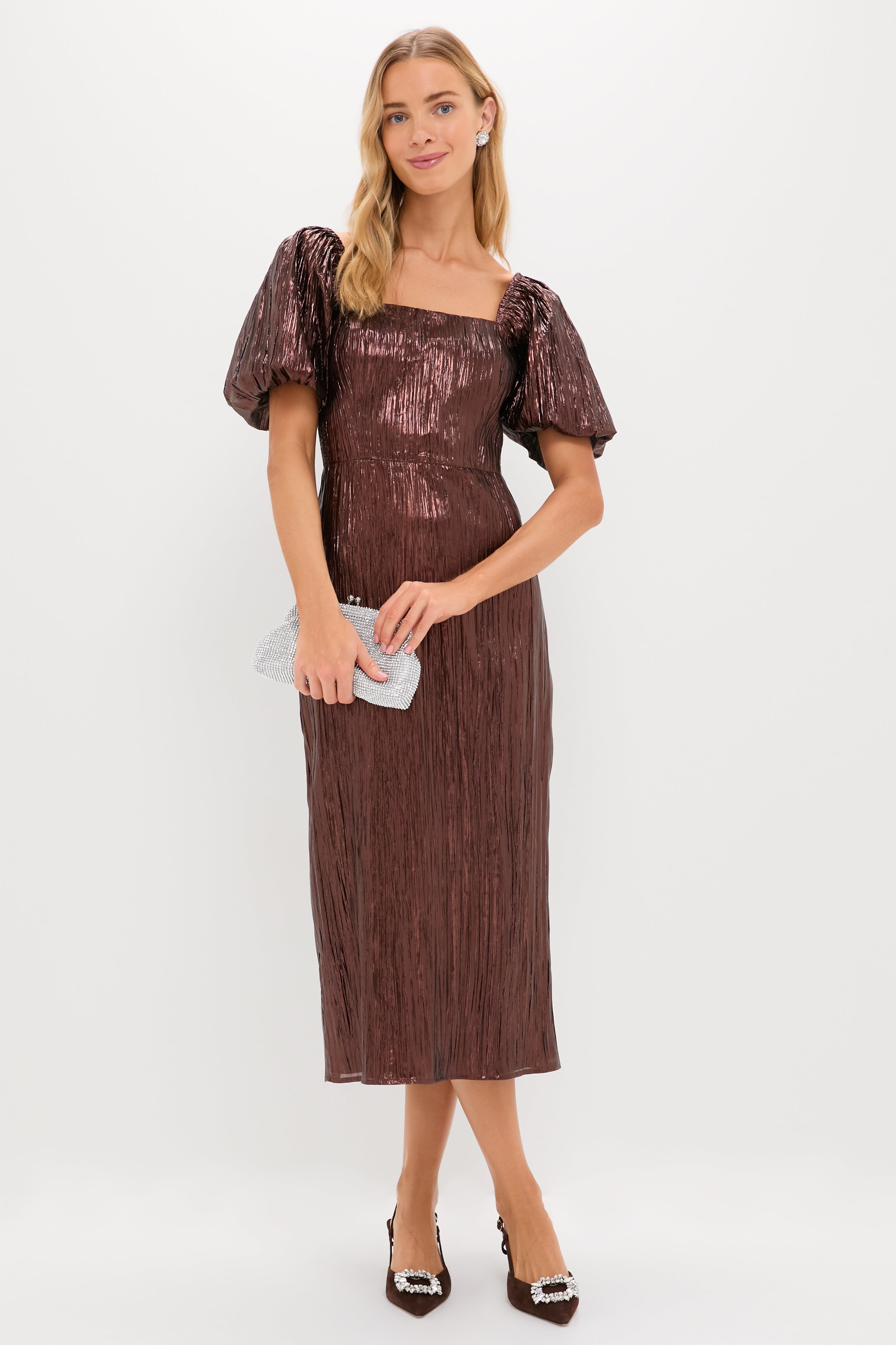 Bronze Metallic Plisse Gladys Puff Sleeve Midi Dress-Beilave