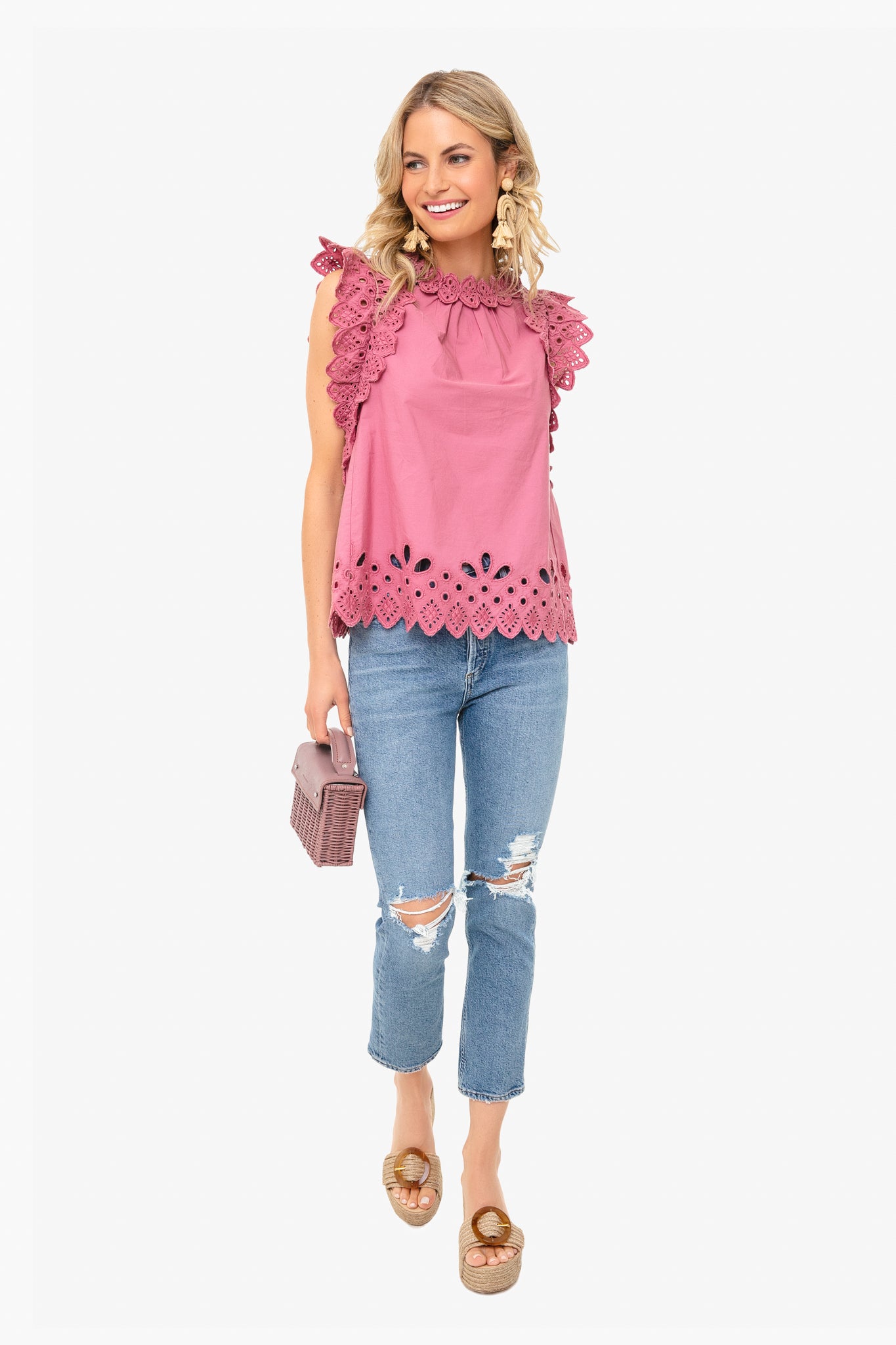 Rose Hazel Eyelet Flutter Sleeve Top-Beilave
