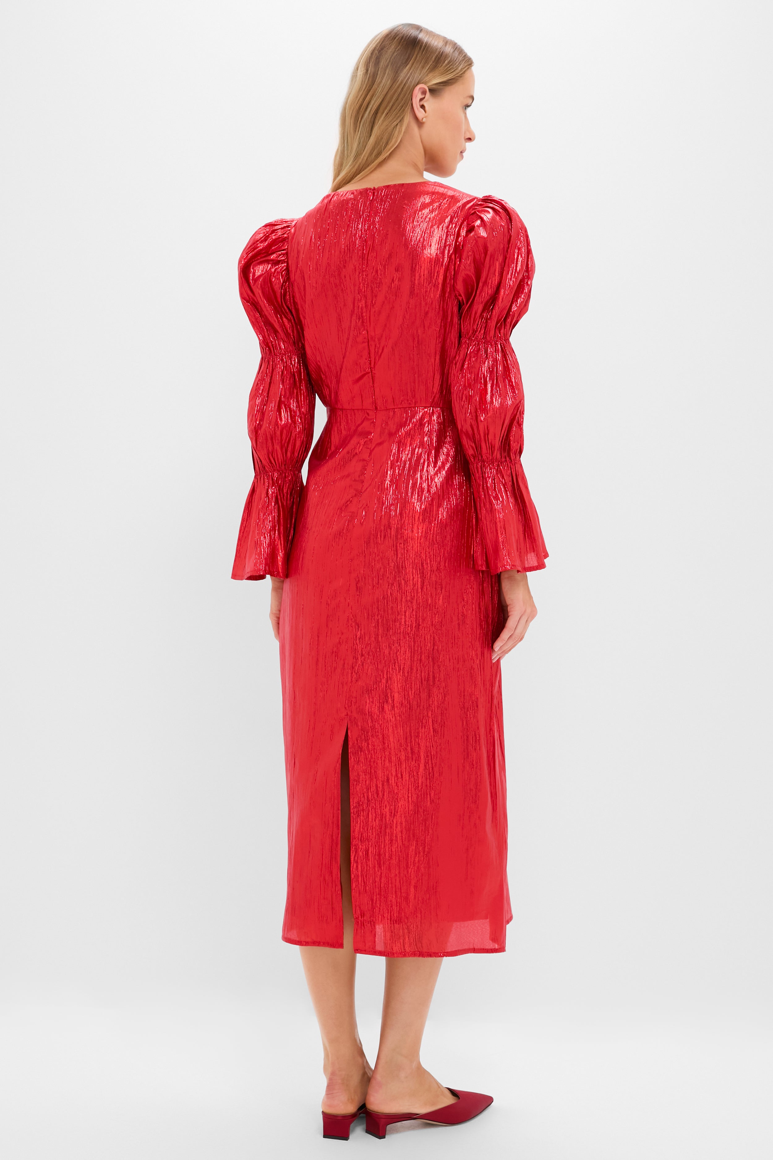 Red Metallic Plisse Puff Sleeve Darcy Midi Dress-Beilave