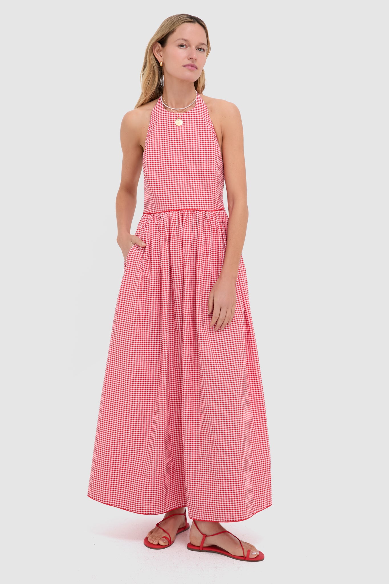 Red Gingham Halter Marcie Dress-Beilave